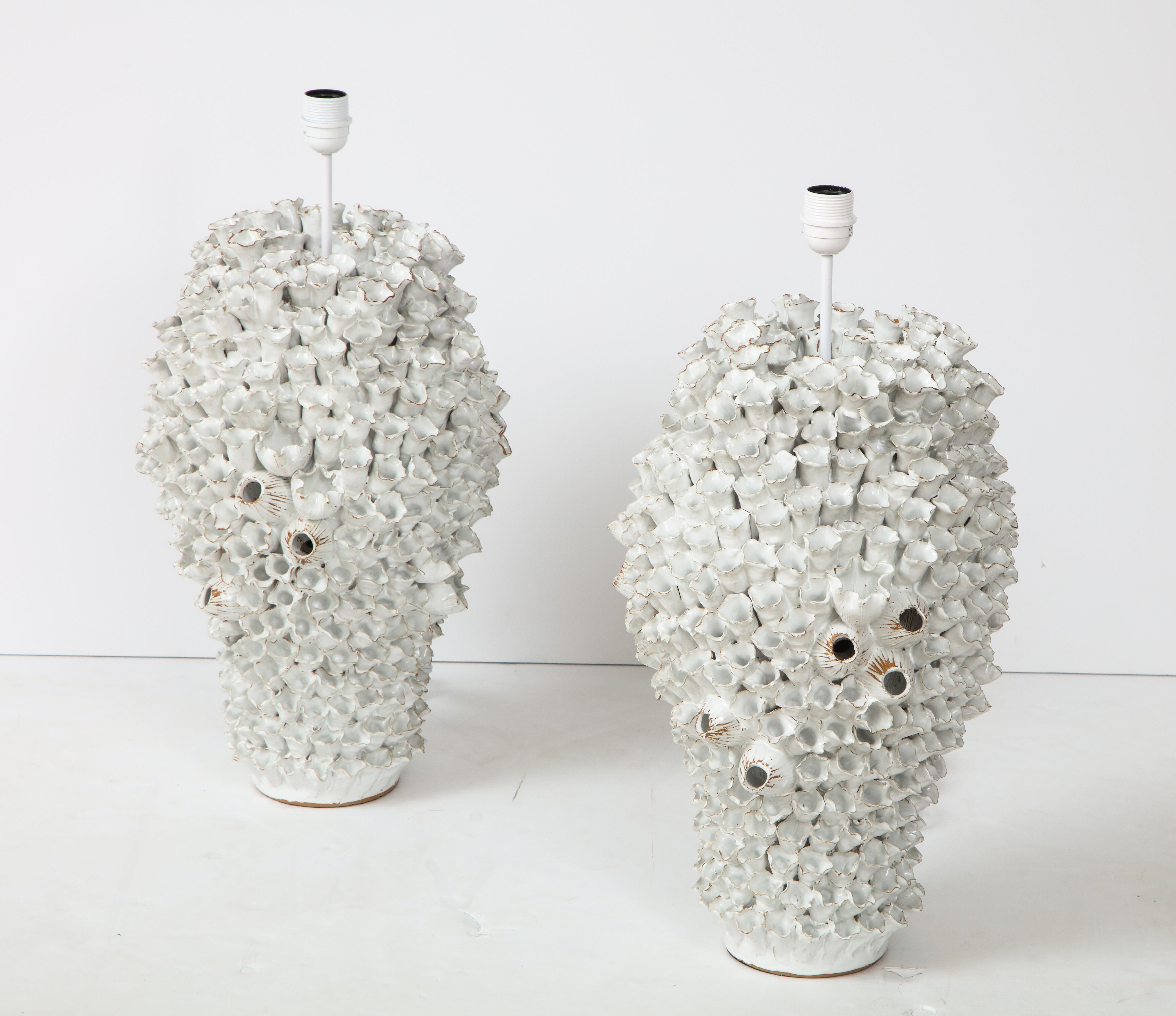 Thai Pair of Coral Ceramic Table Lamps, in Stock