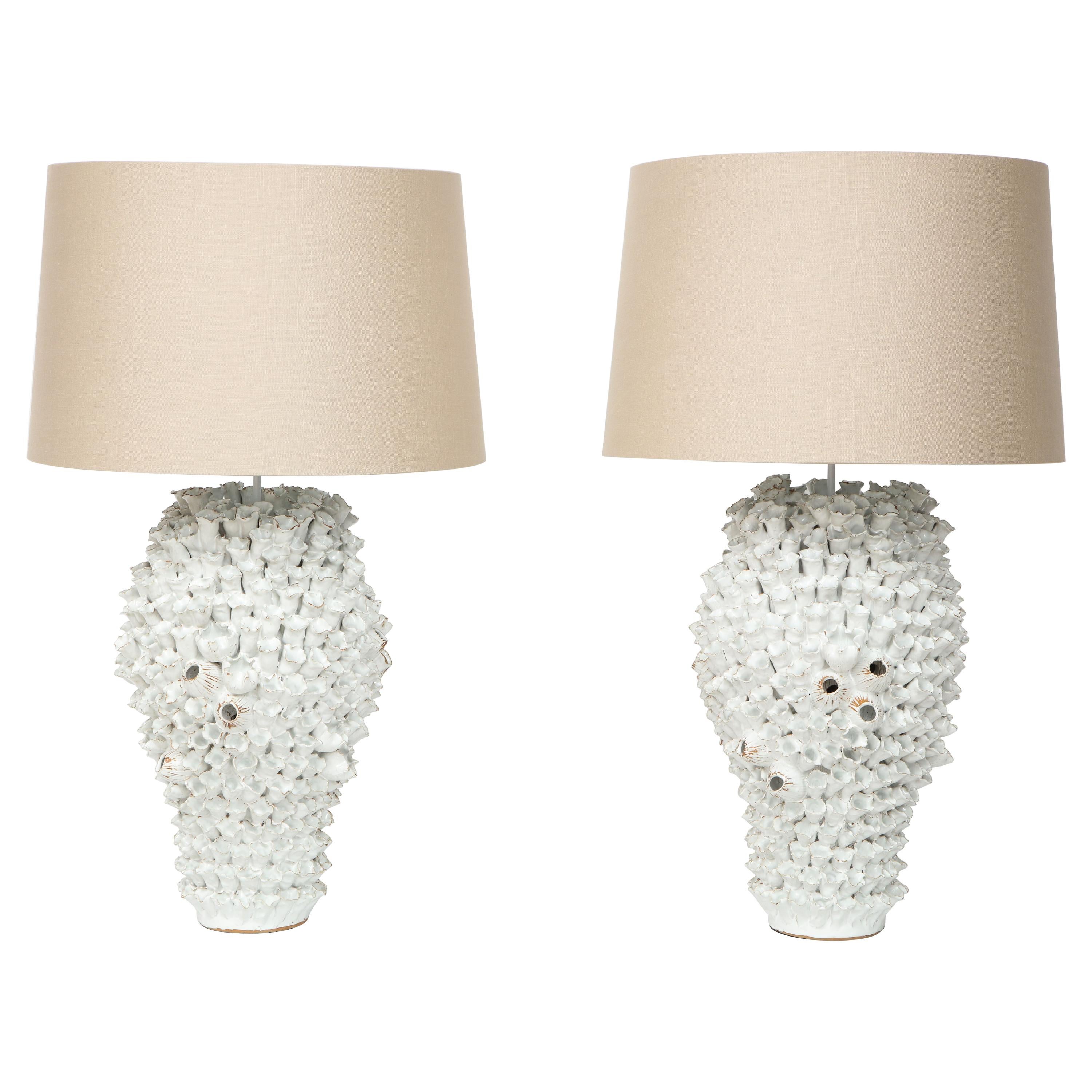 Pair of Coral Ceramic Table Lamps, in Stock