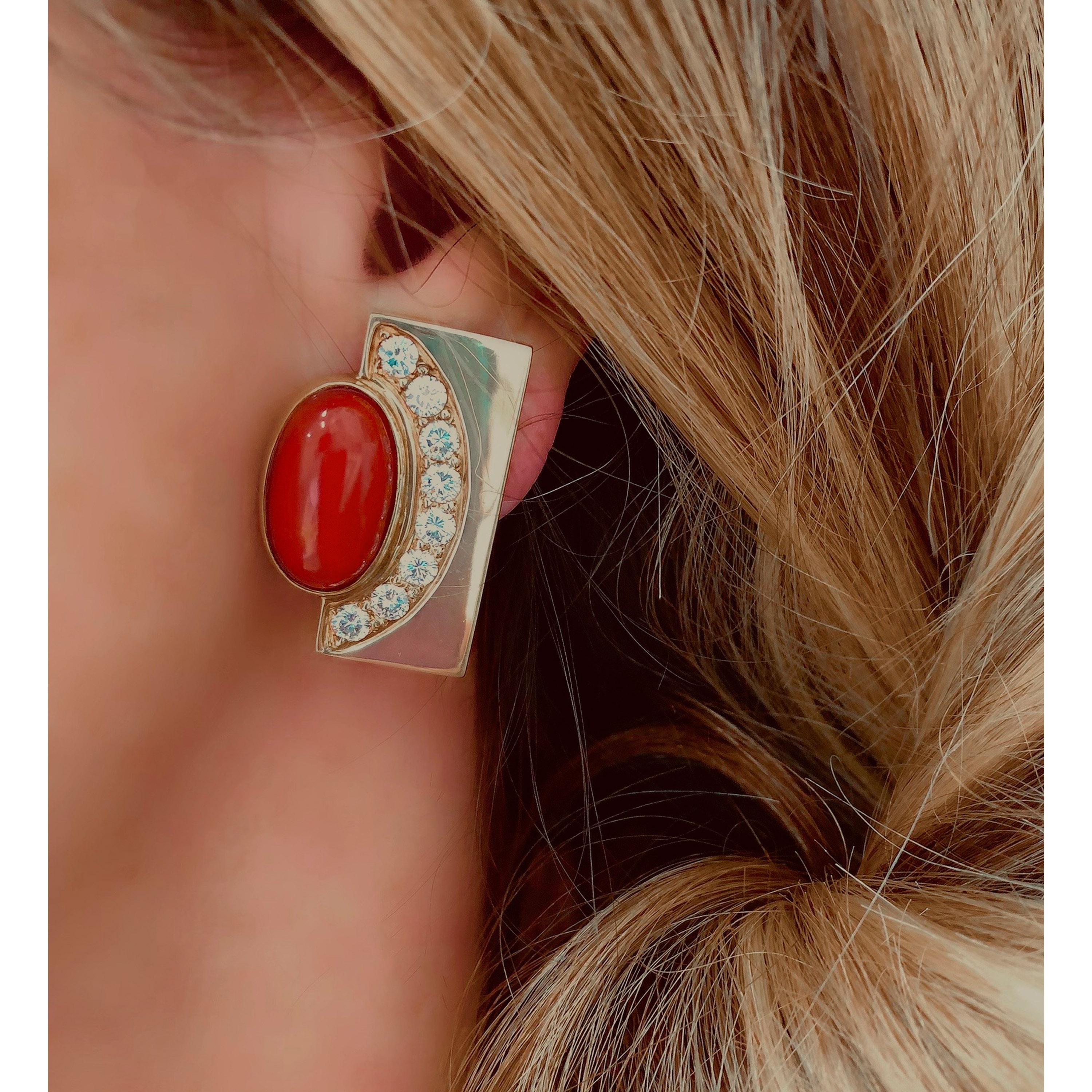 Modern Pair of Coral, Diamond and 18 Karat Yellow Gold Clip-on Earrings