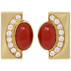 Pair of Coral, Diamond and 18 Karat Yellow Gold Clip-on Earrings
