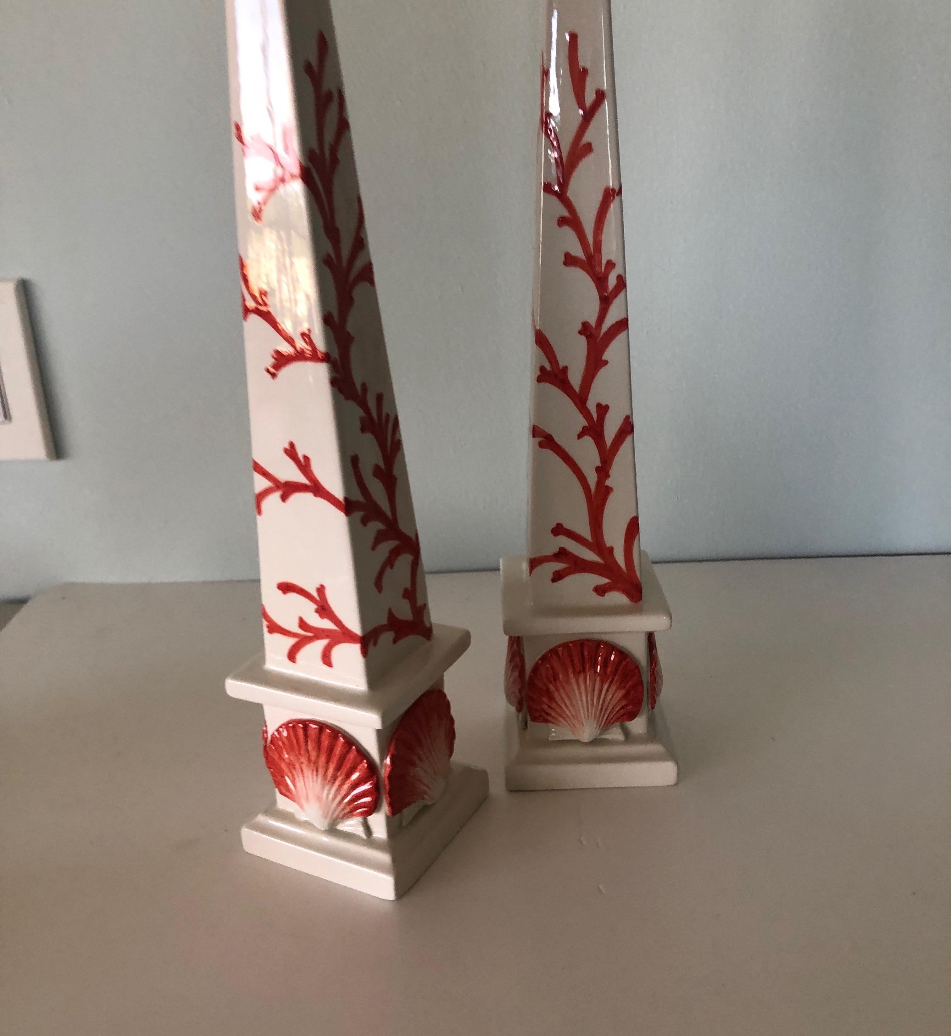 Hand-Crafted Pair of Coral Orange and White Decorative Obelisks
