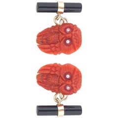 Pair of Owl Diamonds Onyx Coral Gold Cufflinks