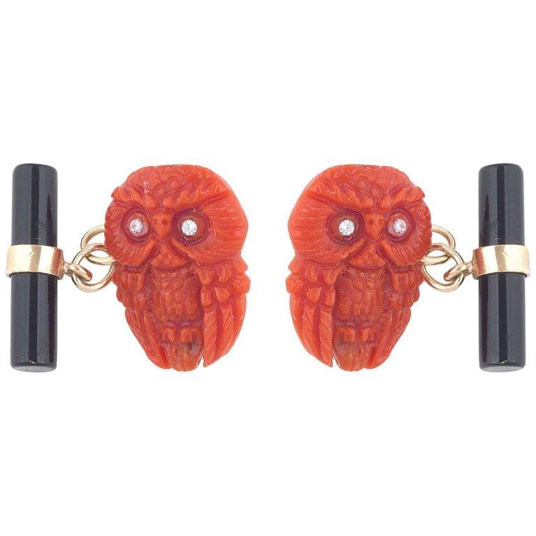 Brilliant Cut Pair of Owl Diamonds Onyx Coral Gold Cufflinks