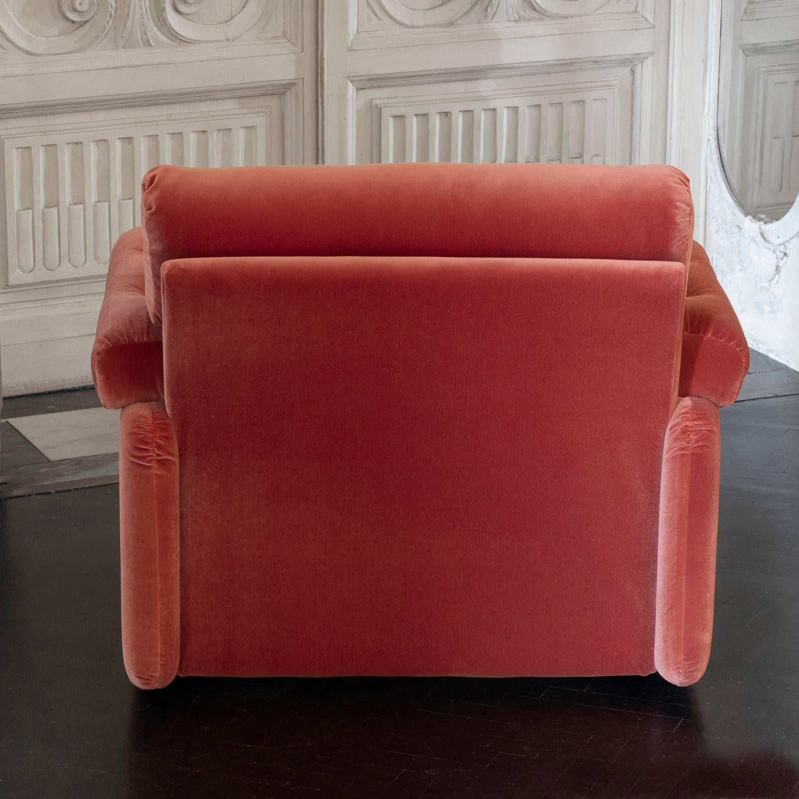 Pair of Coral Red Velvet Italian Armchairs, 1970s 1