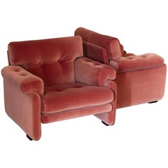 Pair of Coral Red Velvet Italian Armchairs, 1970s