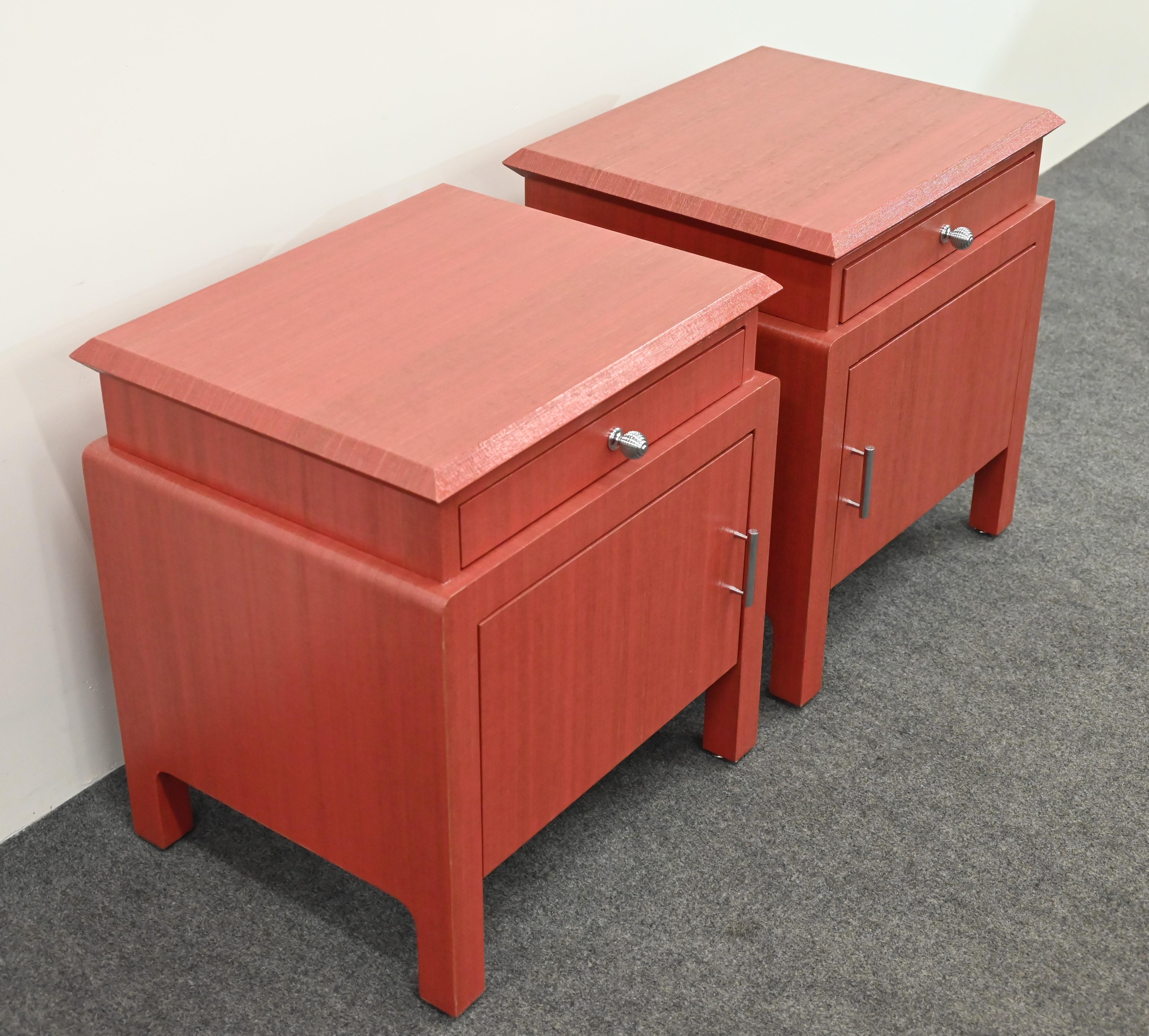 Pair of Coral Toned Harrison Van Horn Linen Wrapped Bedside Tables, 1980s For Sale 5