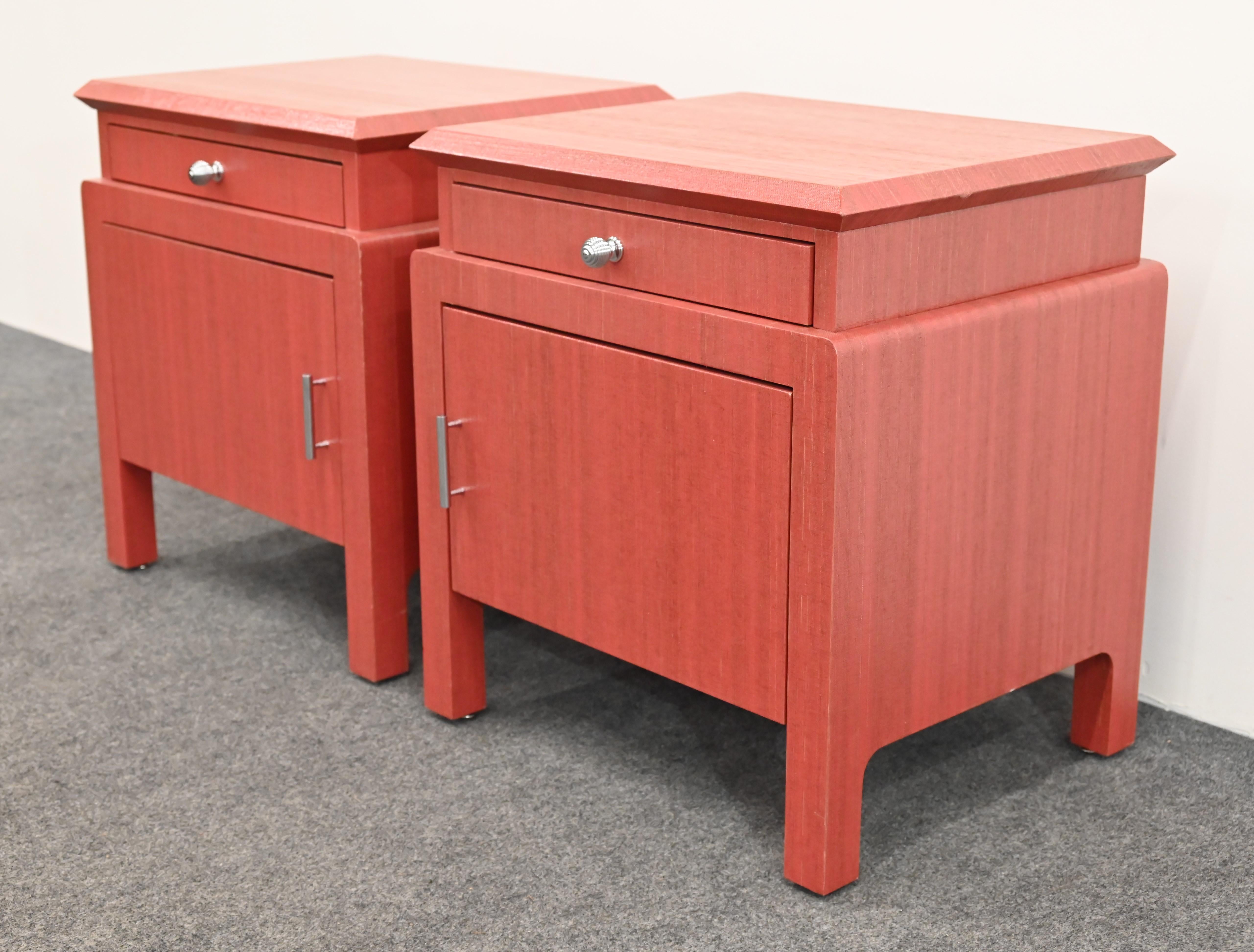 Pair of Coral Toned Harrison Van Horn Linen Wrapped Bedside Tables, 1980s For Sale 6