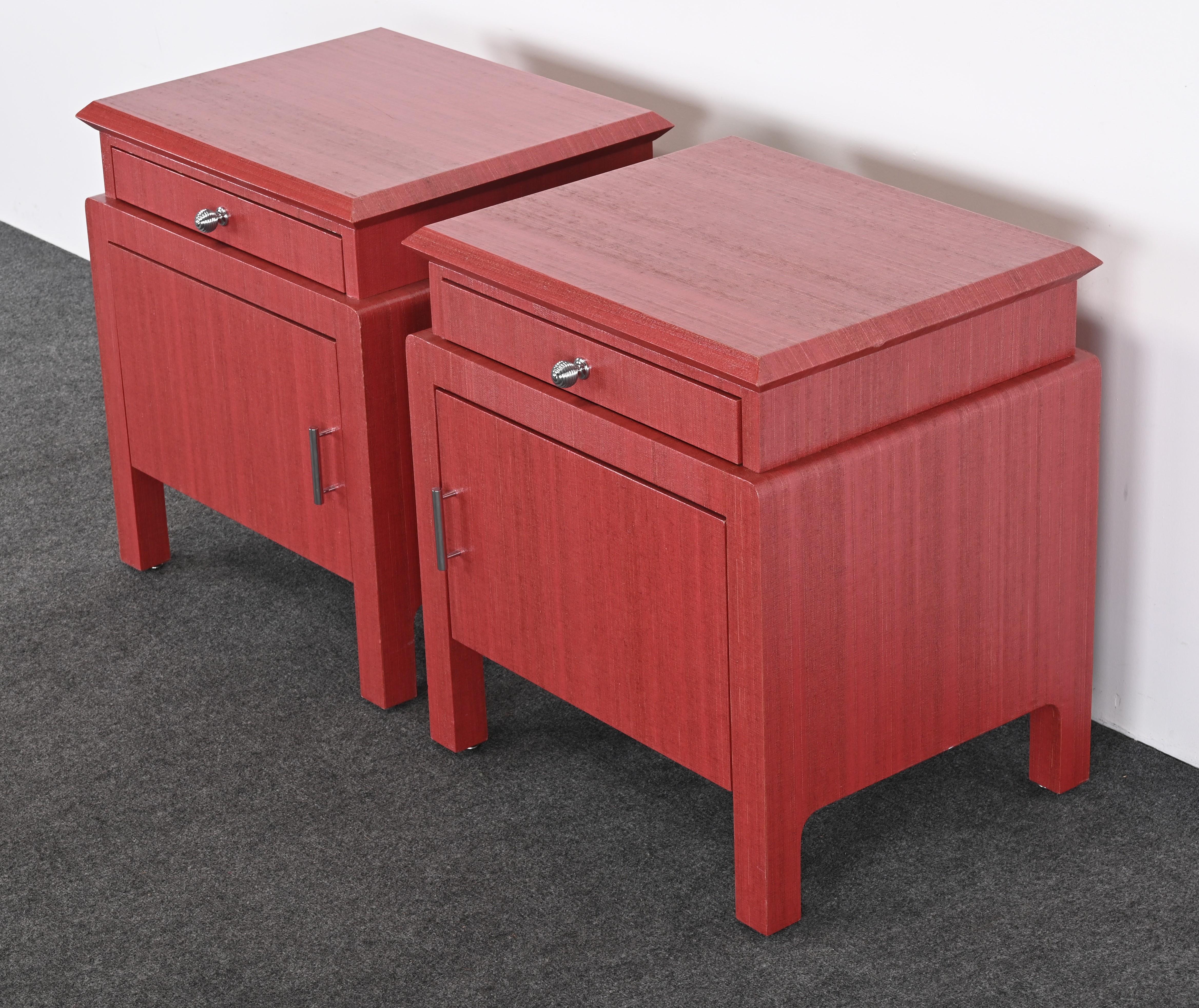Pair of Coral Toned Harrison Van Horn Linen Wrapped Bedside Tables, 1980s For Sale 7