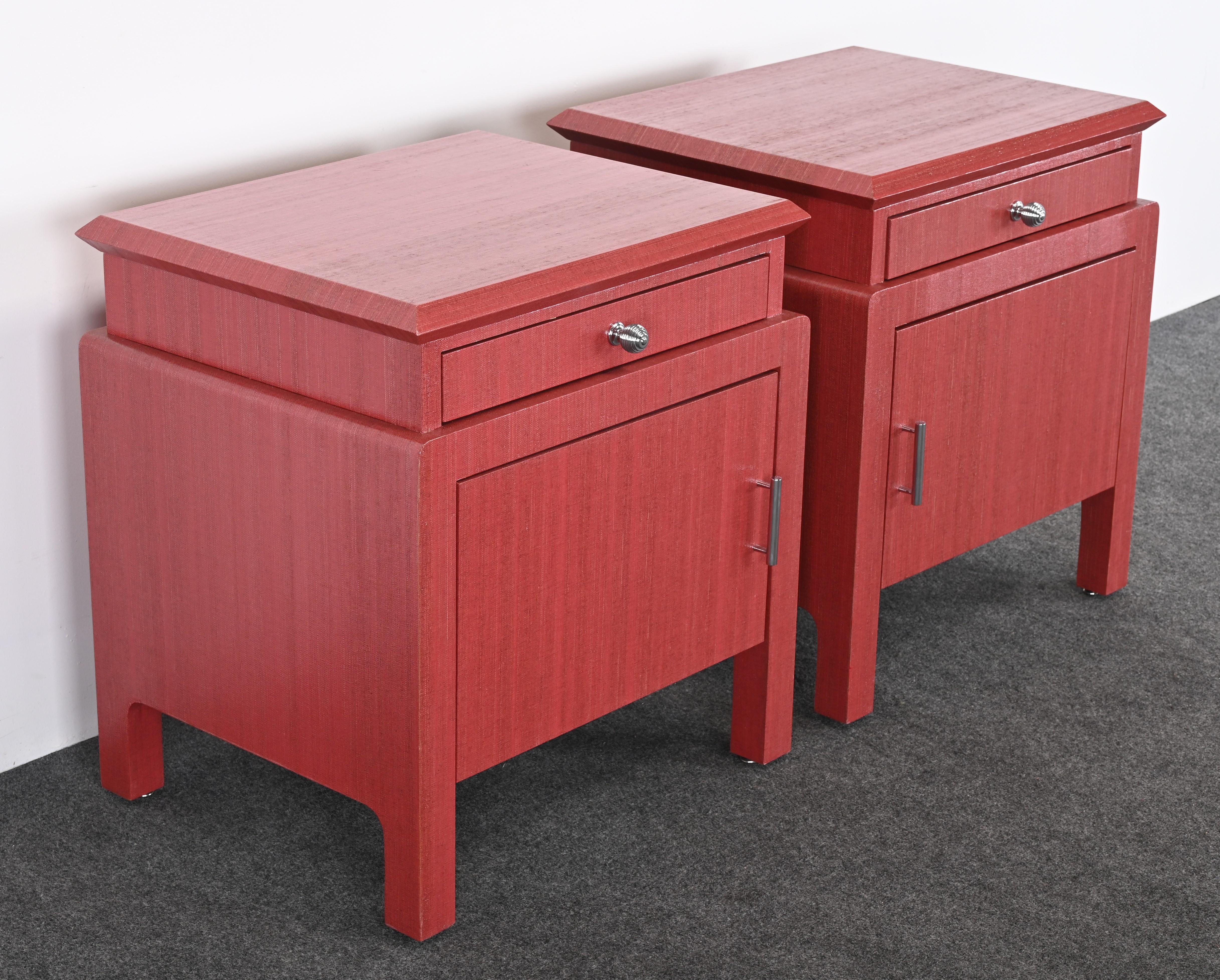 Pair of Coral Toned Harrison Van Horn Linen Wrapped Bedside Tables, 1980s For Sale 8