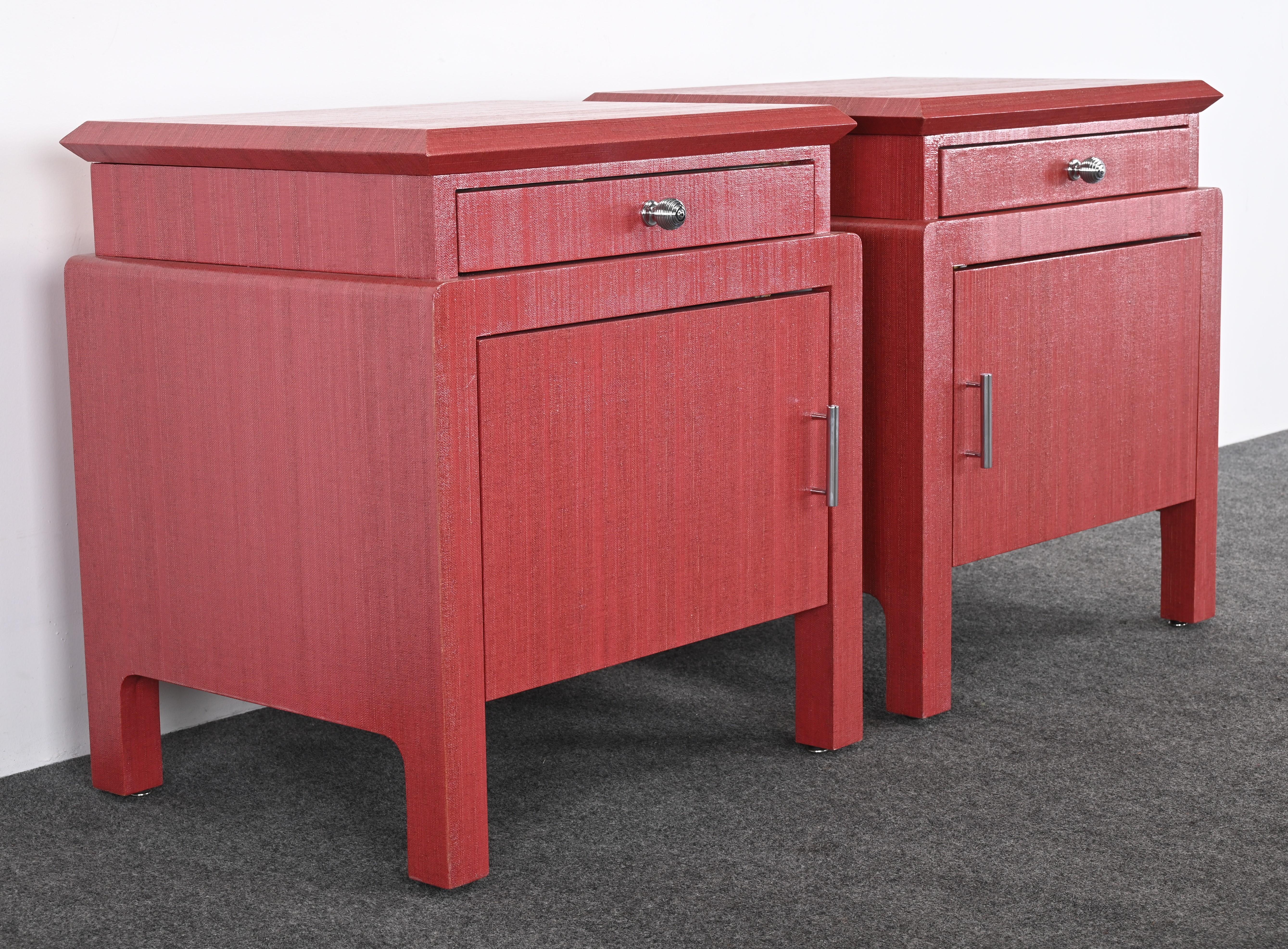 Pair of Coral Toned Harrison Van Horn Linen Wrapped Bedside Tables, 1980s For Sale 9