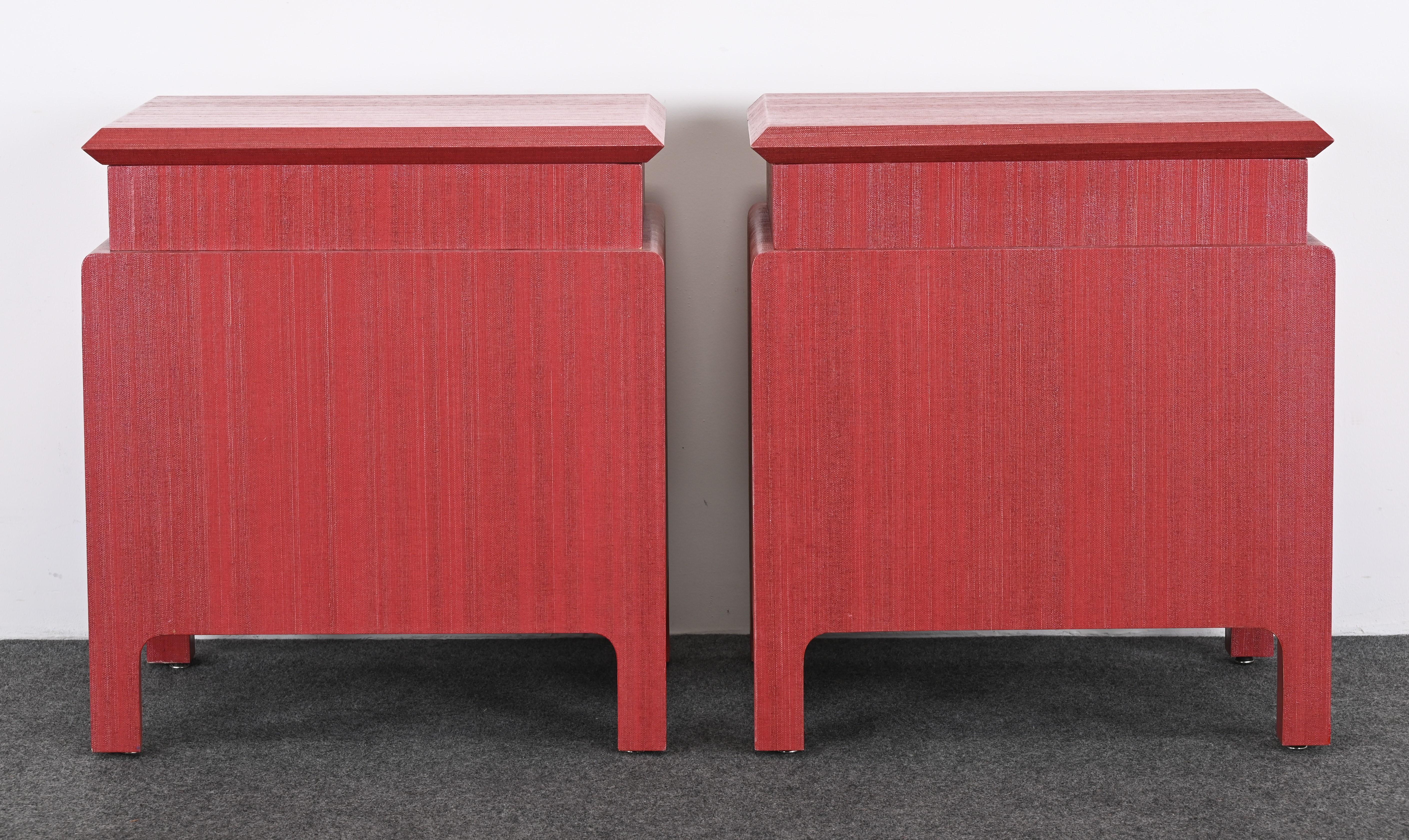 Pair of Coral Toned Harrison Van Horn Linen Wrapped Bedside Tables, 1980s For Sale 11