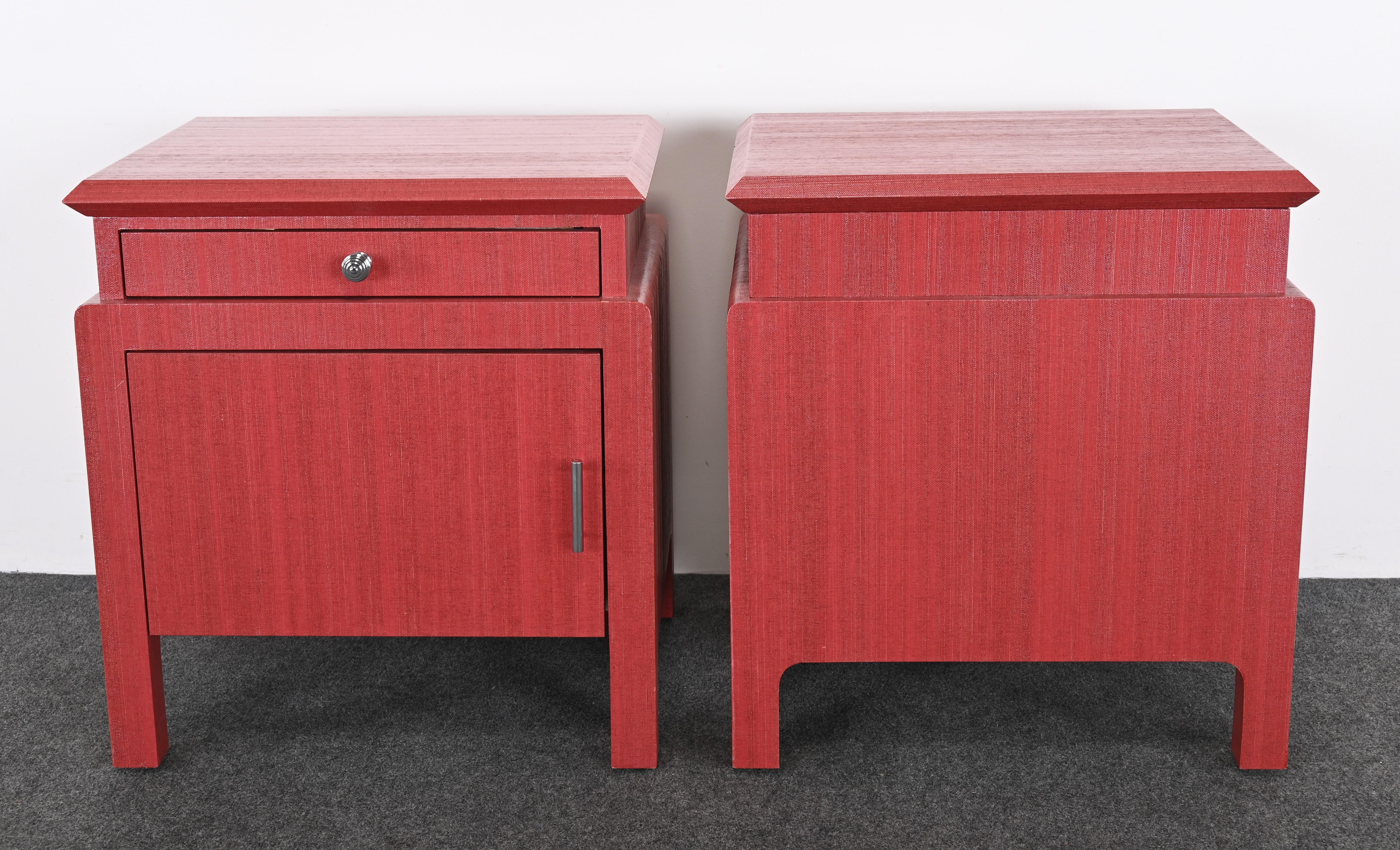 Pair of Coral Toned Harrison Van Horn Linen Wrapped Bedside Tables, 1980s For Sale 14