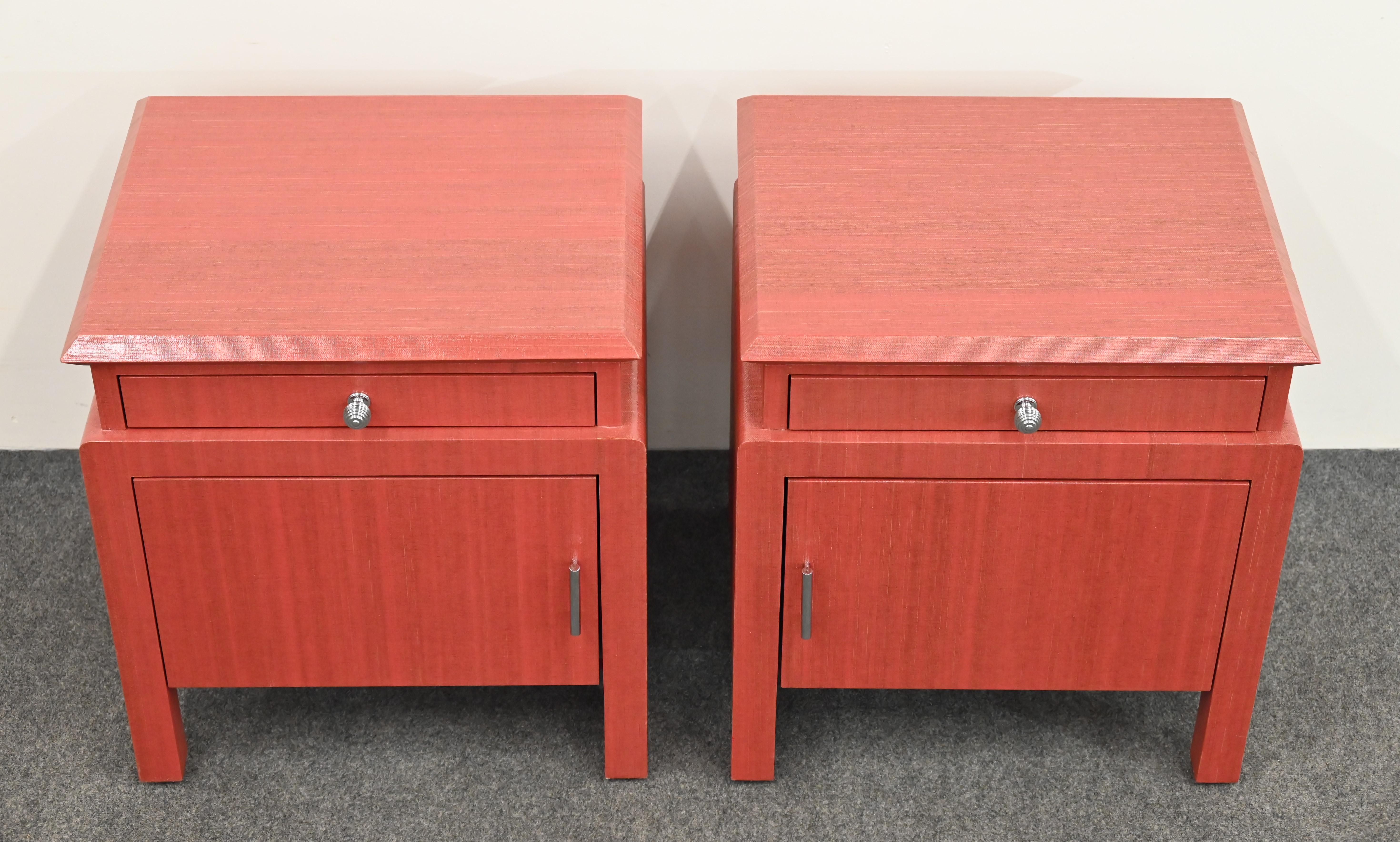 Mid-Century Modern Pair of Coral Toned Harrison Van Horn Linen Wrapped Bedside Tables, 1980s For Sale