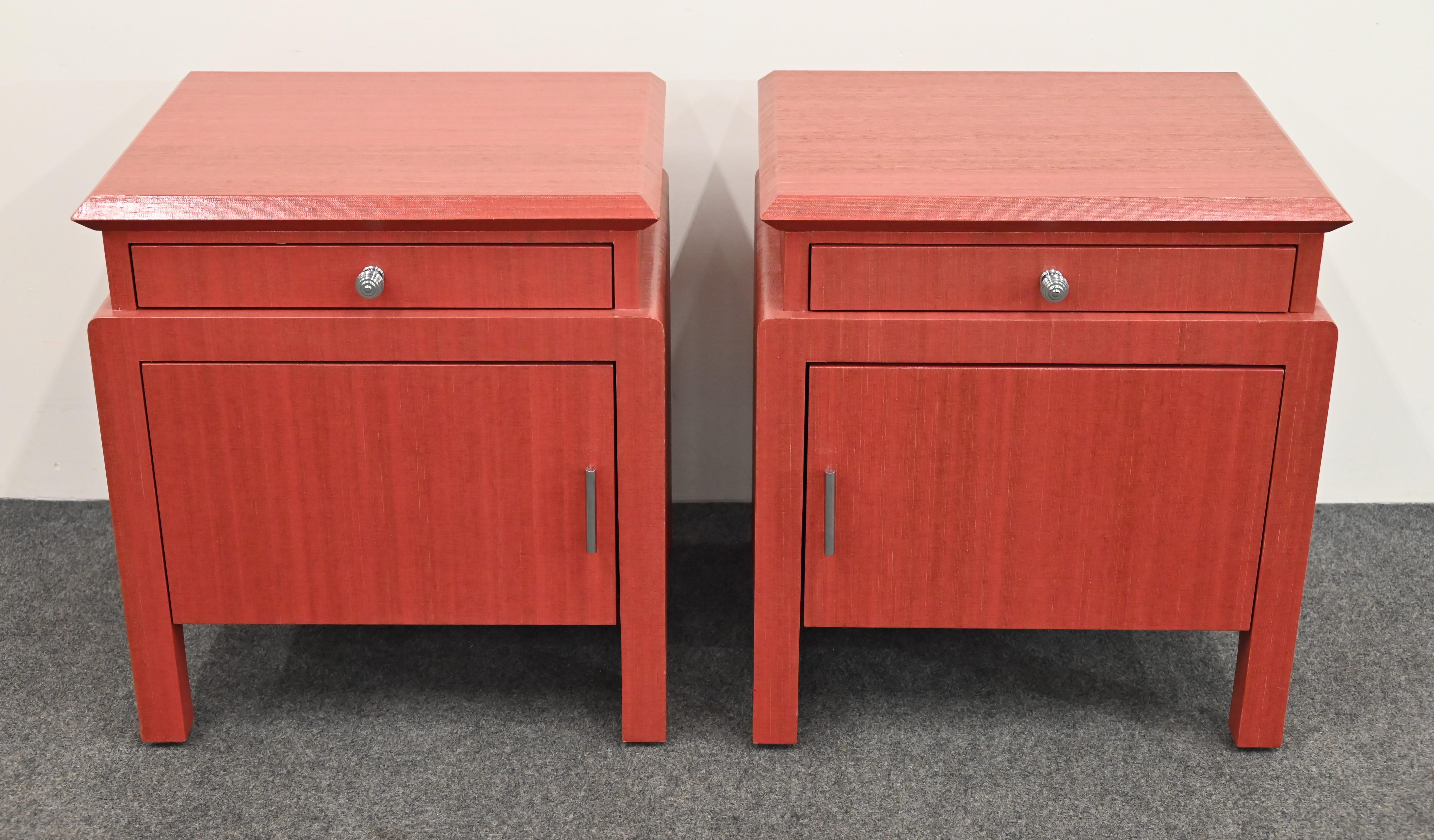American Pair of Coral Toned Harrison Van Horn Linen Wrapped Bedside Tables, 1980s For Sale