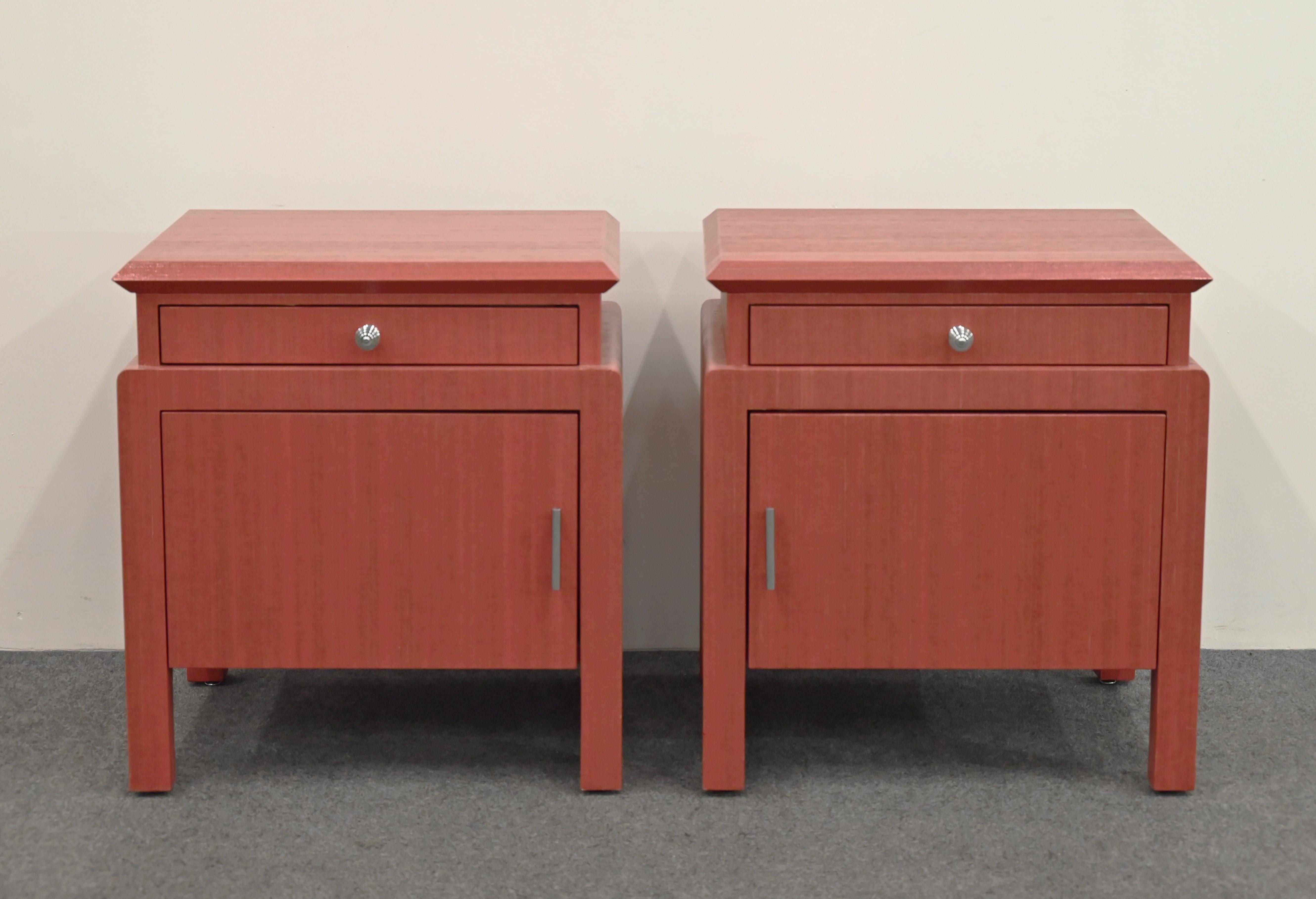 Late 20th Century Pair of Coral Toned Harrison Van Horn Linen Wrapped Bedside Tables, 1980s For Sale
