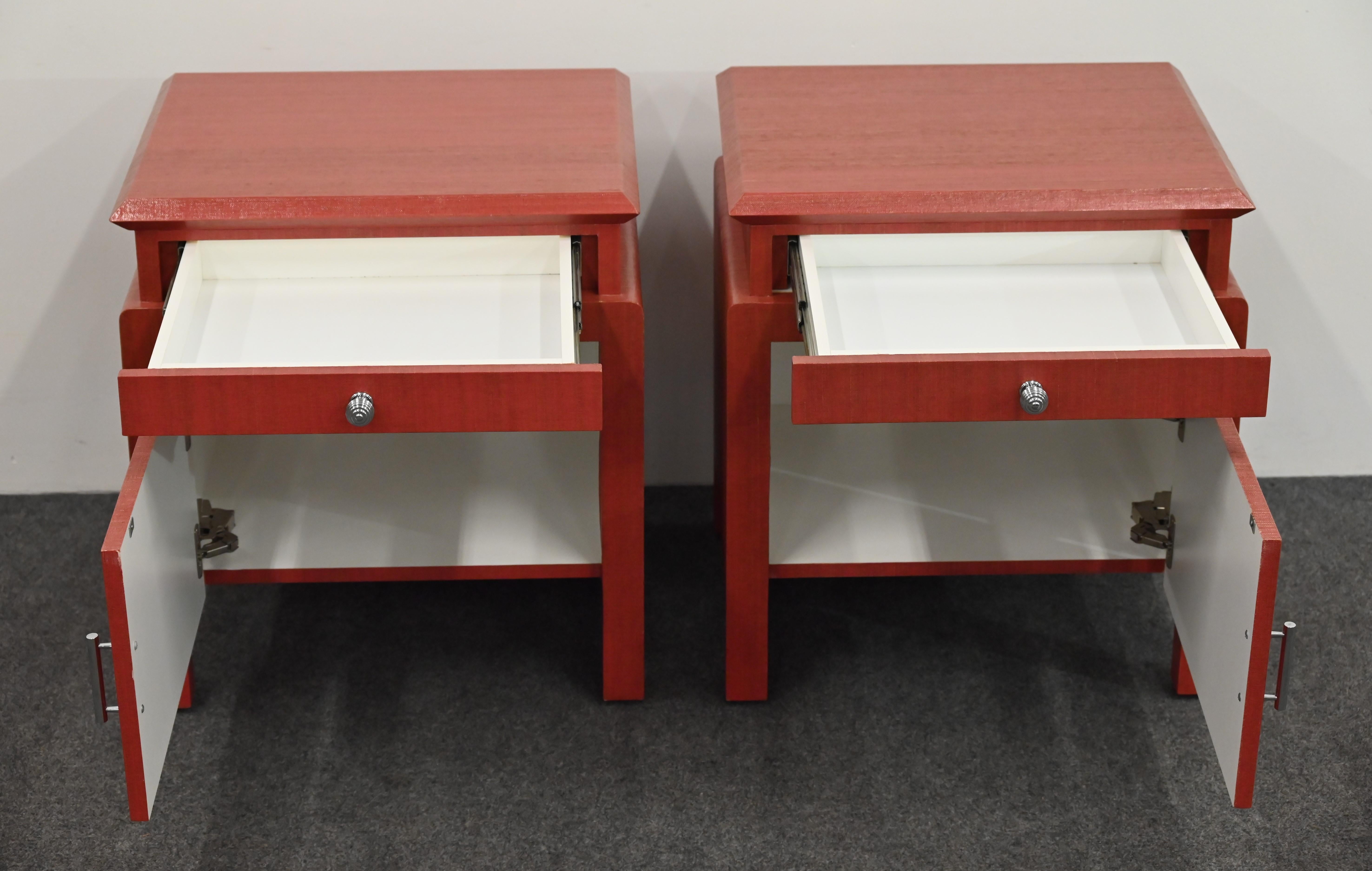 Pair of Coral Toned Harrison Van Horn Linen Wrapped Bedside Tables, 1980s For Sale 2
