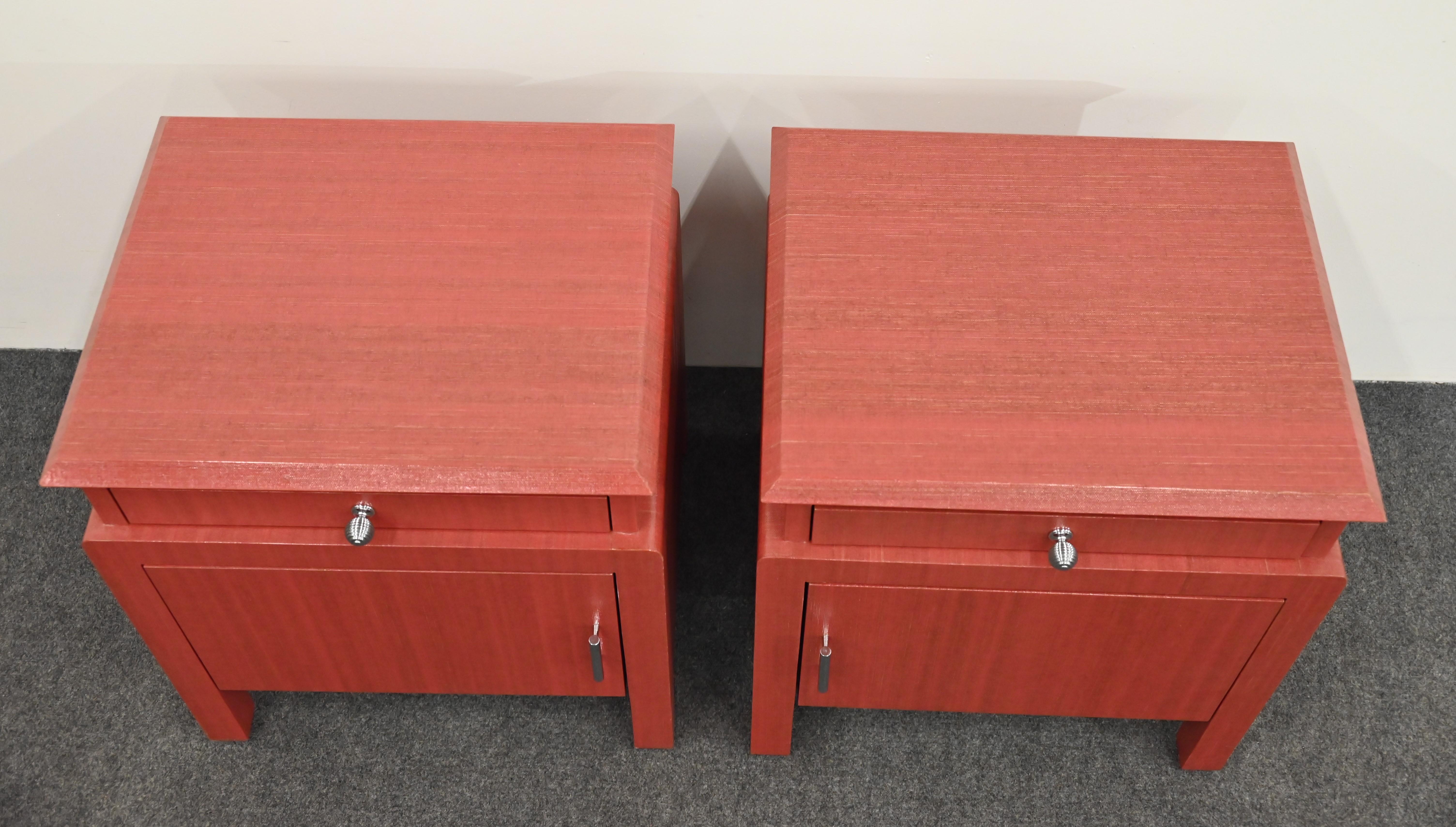 Pair of Coral Toned Harrison Van Horn Linen Wrapped Bedside Tables, 1980s For Sale 3