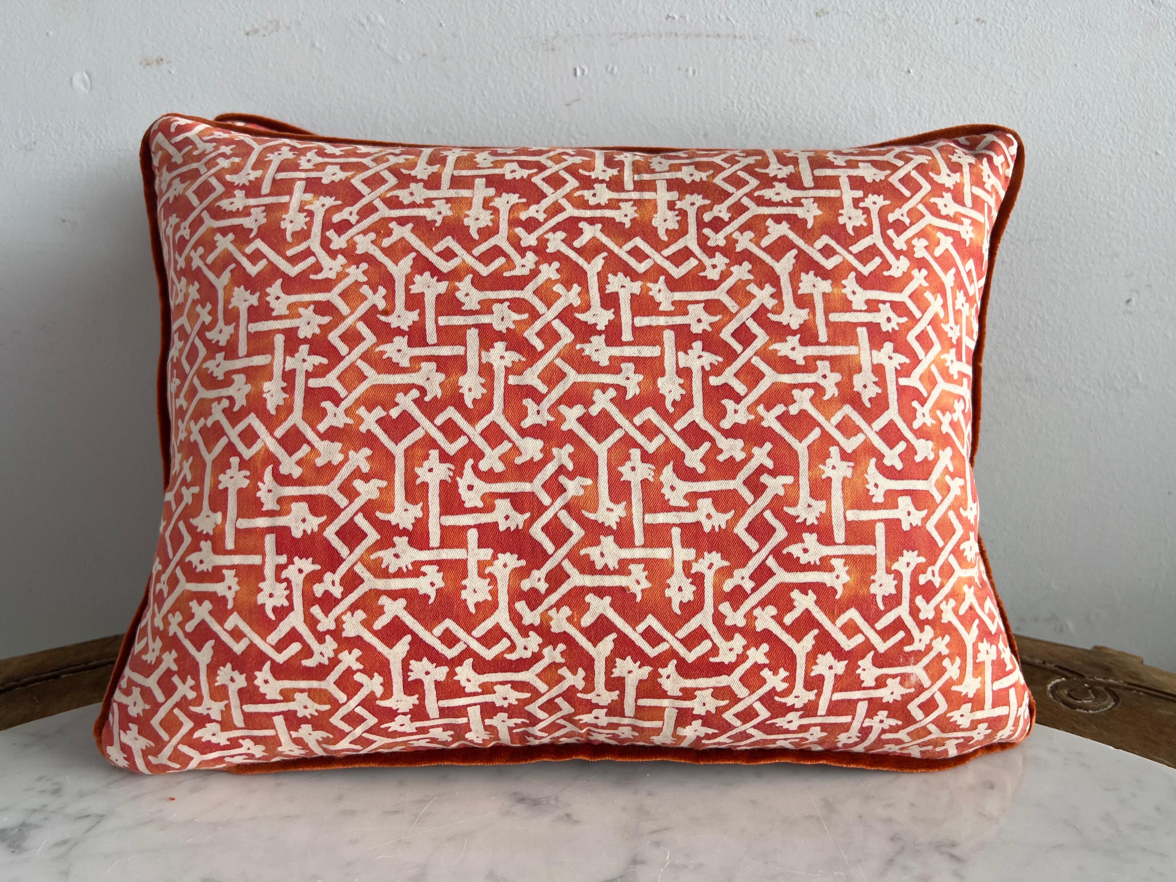 Pair of custom pillows made with vintage coral & white Fortuny cotton fronts and coral velvet backs. Self cord detail. Down inserts, sewn closed.