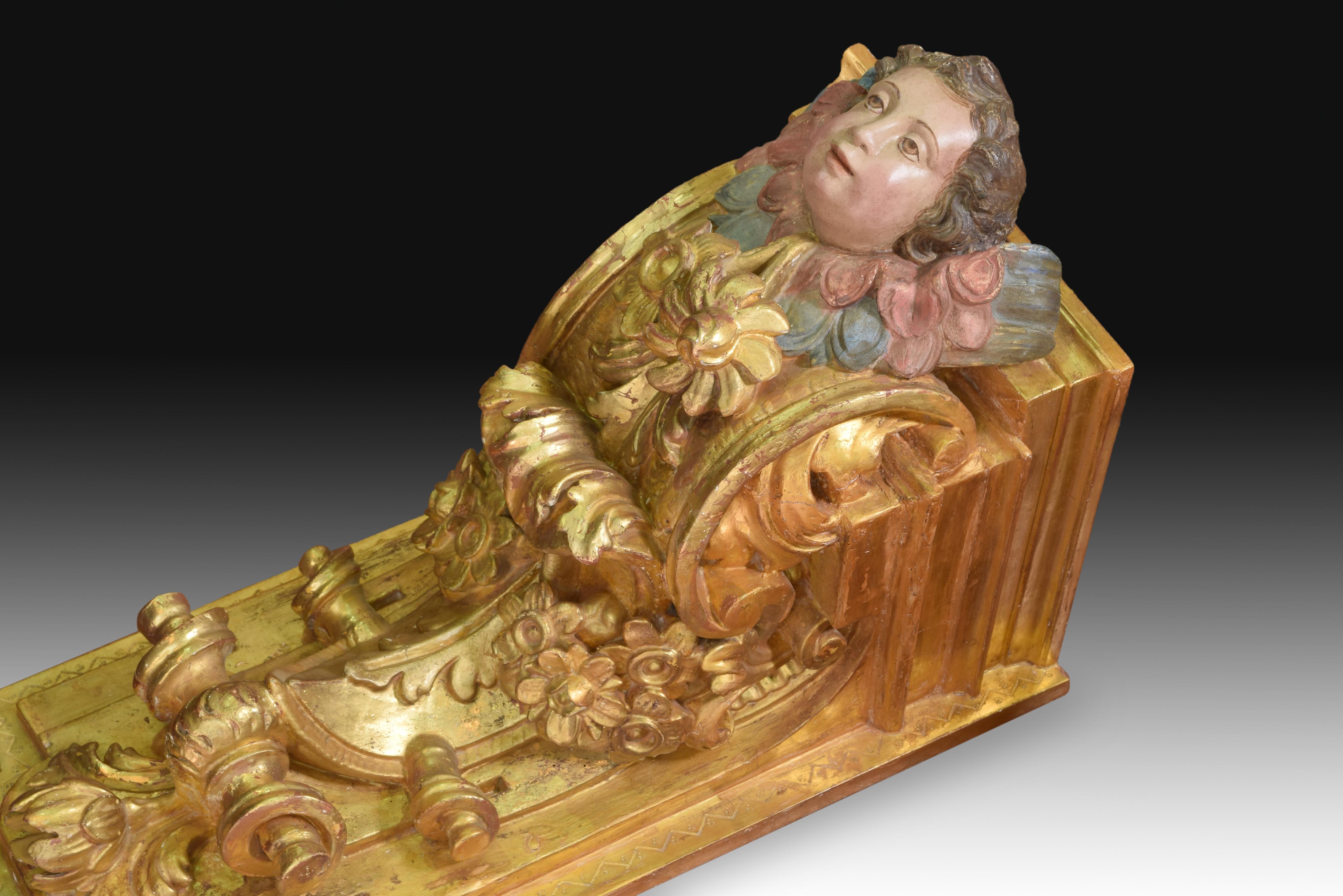 Rococo Pair of Corbels, Polychromed and Gilded Wood, Castille, Spain, 18th Century