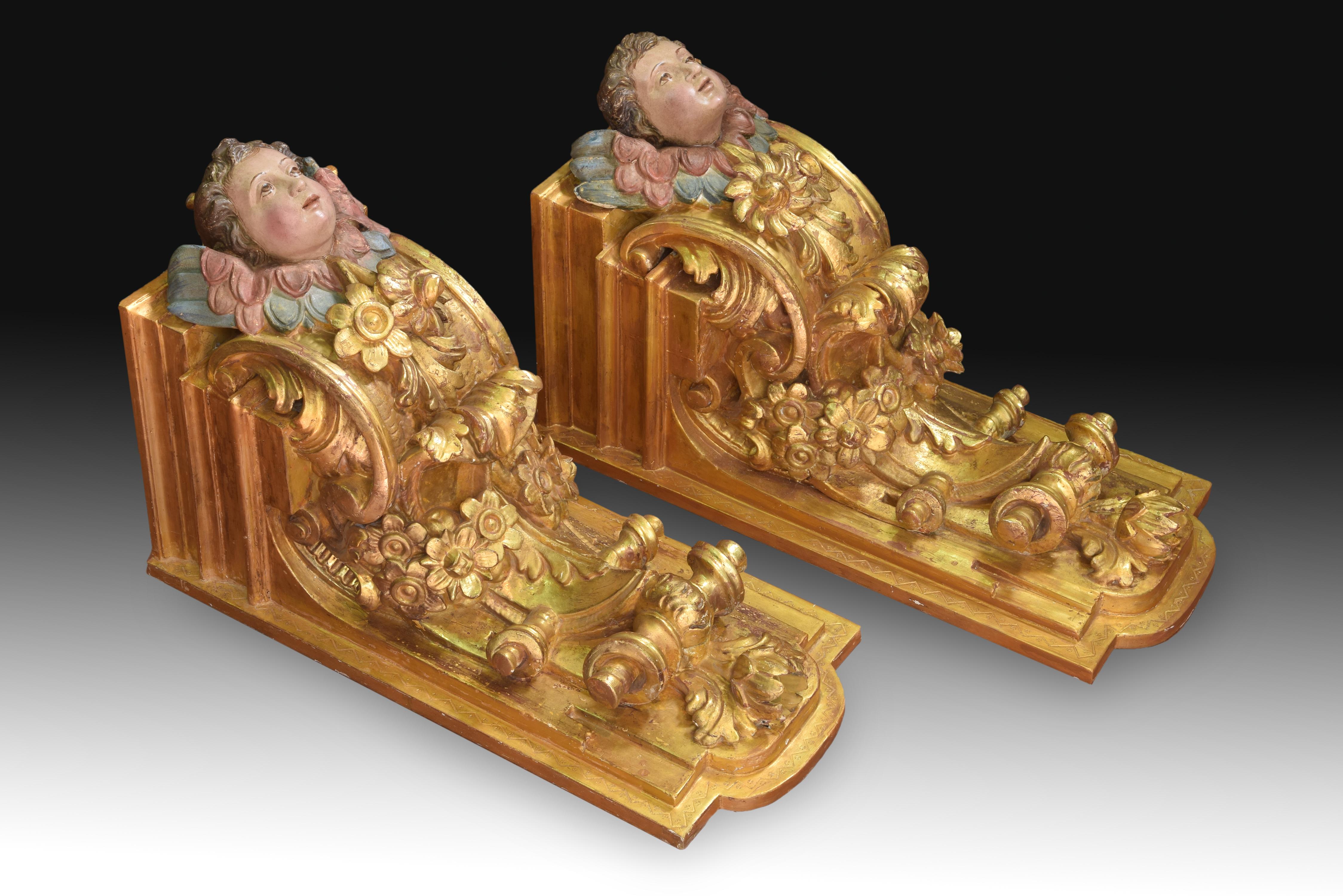 Spanish Pair of Corbels, Polychromed and Gilded Wood, Castille, Spain, 18th Century
