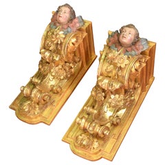 Antique Pair of Corbels, Polychromed and Gilded Wood, Castille, Spain, 18th Century