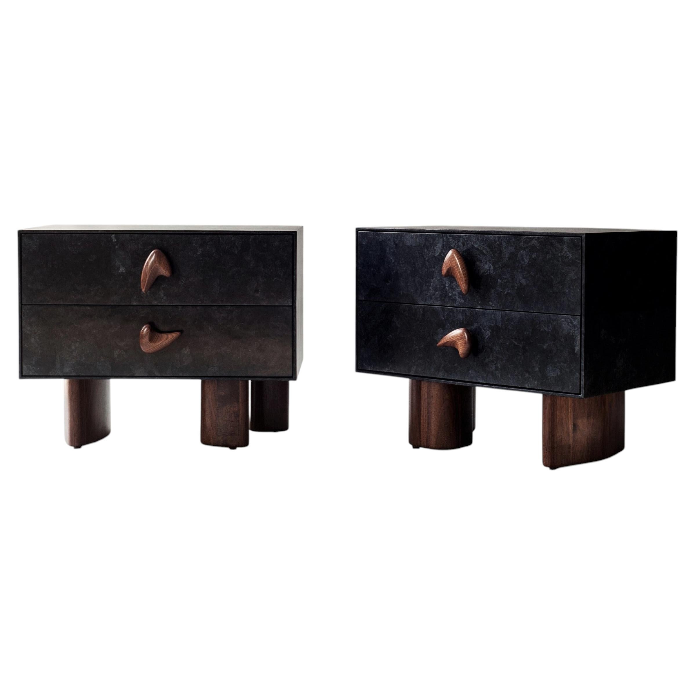 Pair of Corbu Bedside Table by DeMuro Das in Charcoal Carta and Solid Walnut For Sale