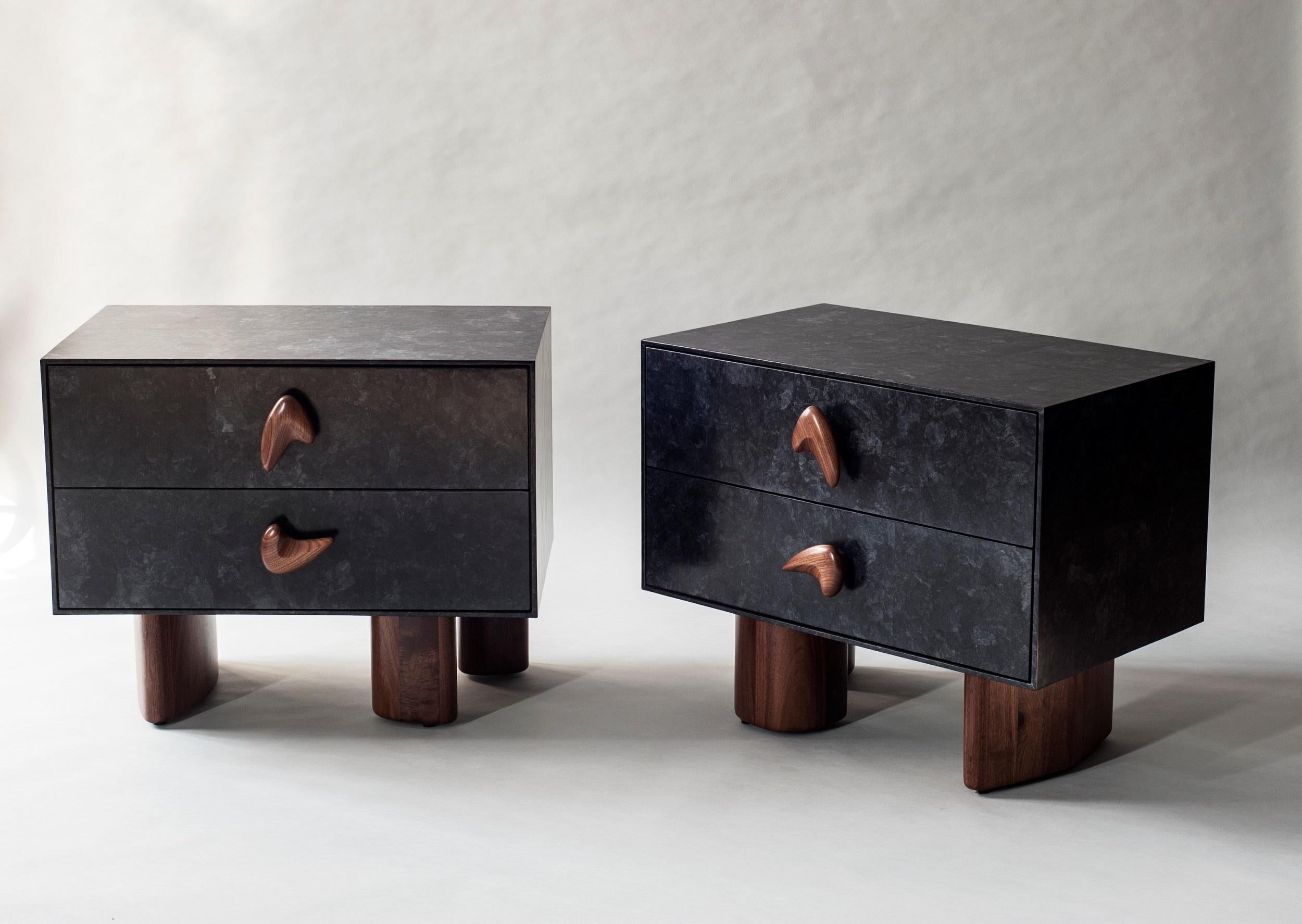 Mid-Century Modern Pair of Corbu Bedside Tables by DeMuro Das in Charcoal Carta and Solid Walnut
