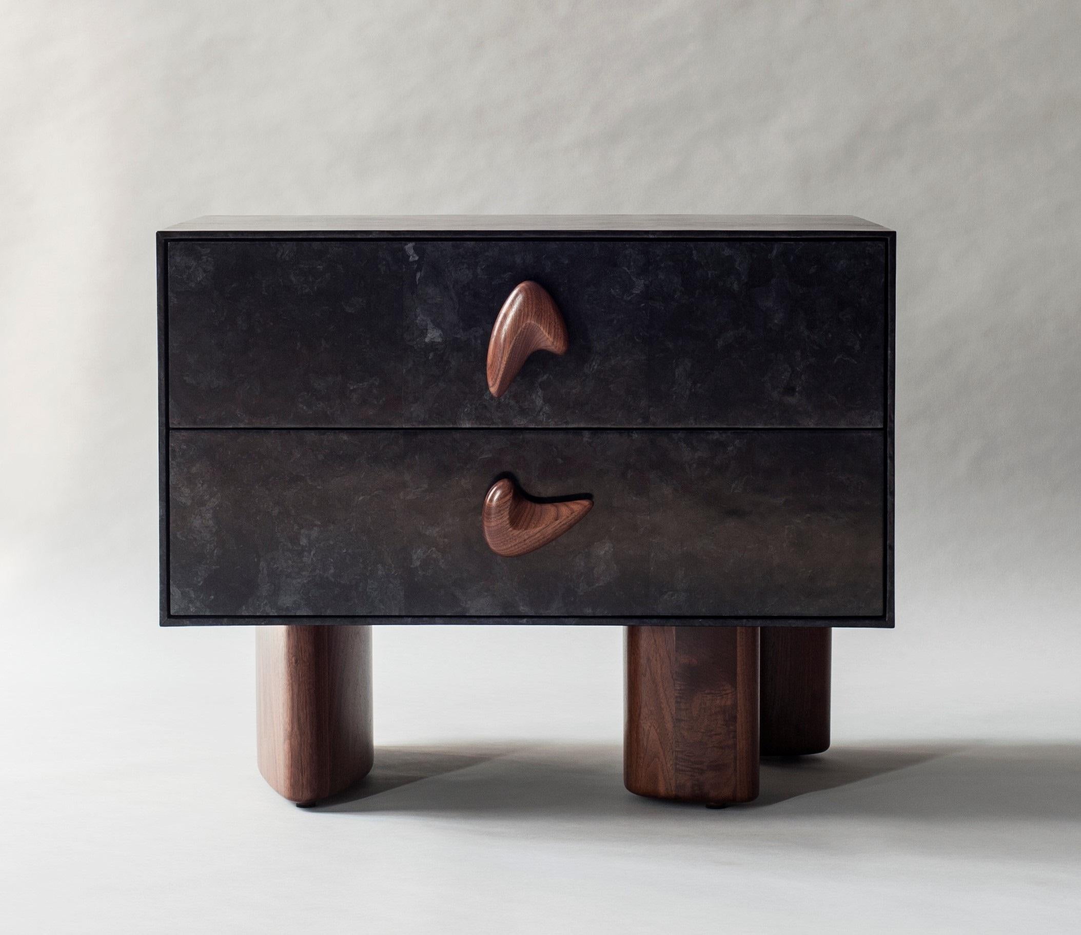 Indian Pair of Corbu Bedside Tables by DeMuro Das in Charcoal Carta and Solid Walnut