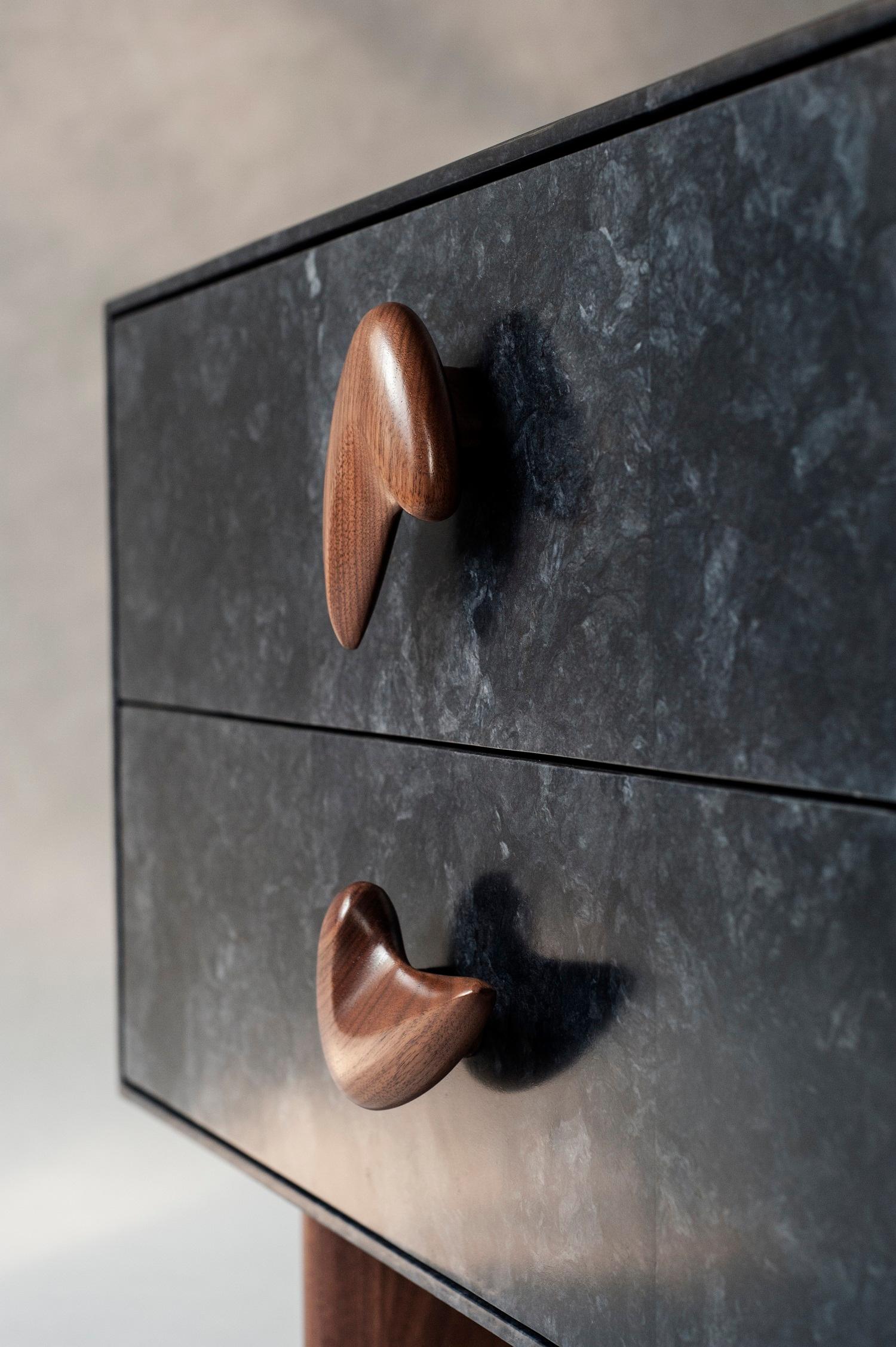 Contemporary Pair of Corbu Bedside Tables by DeMuro Das in Charcoal Carta and Solid Walnut