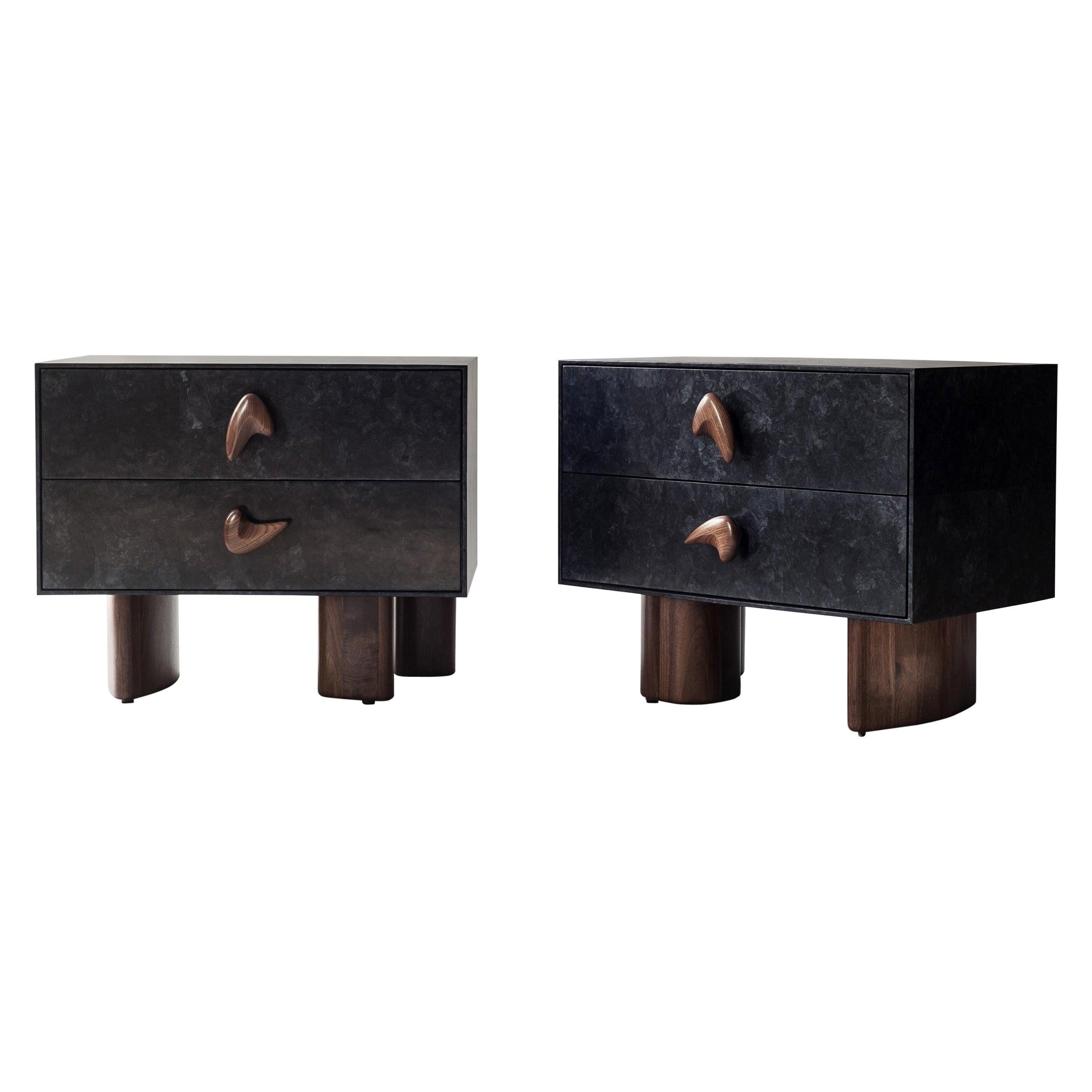 Pair of Corbu Bedside Tables by DeMuro Das in Charcoal Carta and Solid Walnut