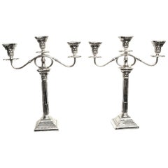 Pair of Corinthian Column 3 Light Silver Candelabra, Birmingham, 1932