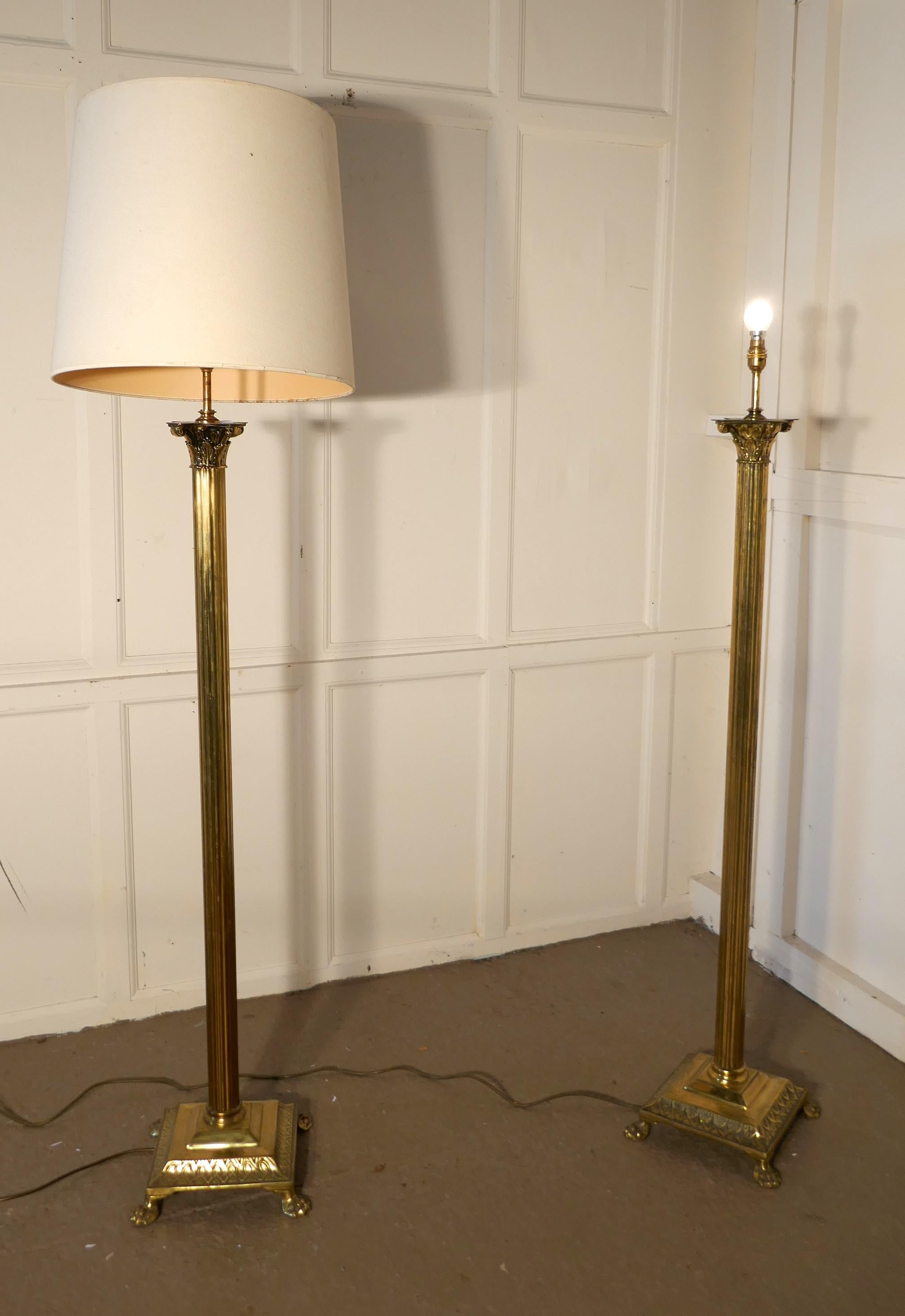 20th Century Pair of Corinthian Column Floor Lamps Brass Standard Lamps