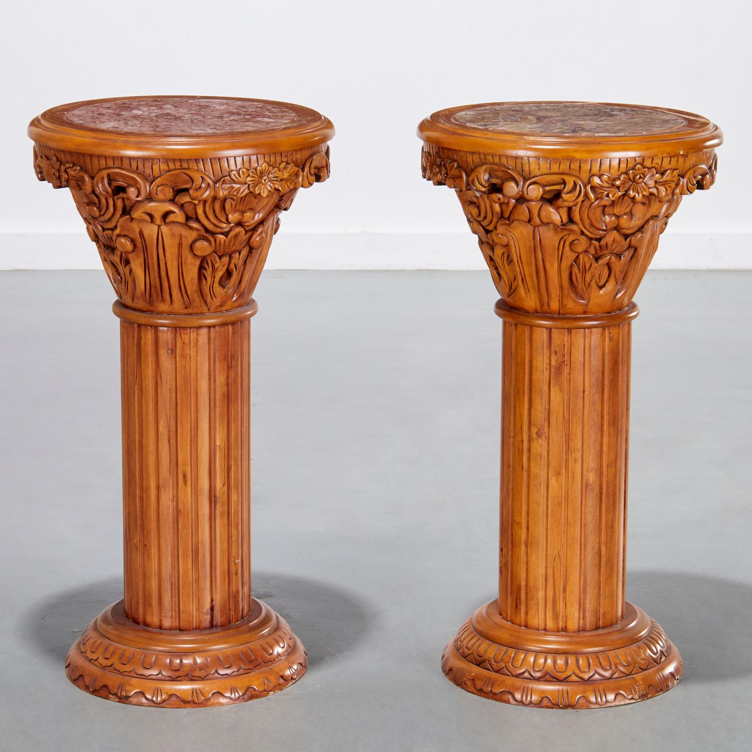 Late 20th Century Pair of Corinthian Column Fruitwood Side Tables With Inset Breche Marble Top For Sale