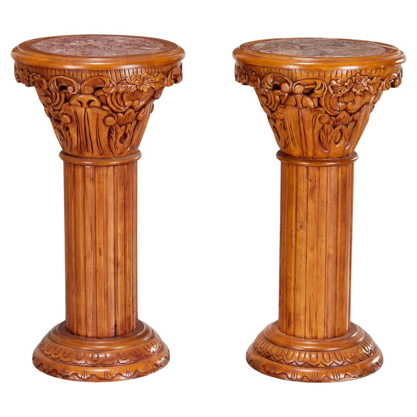 Pair of Corinthian Column Fruitwood Side Tables With Inset Breche Marble Top For Sale