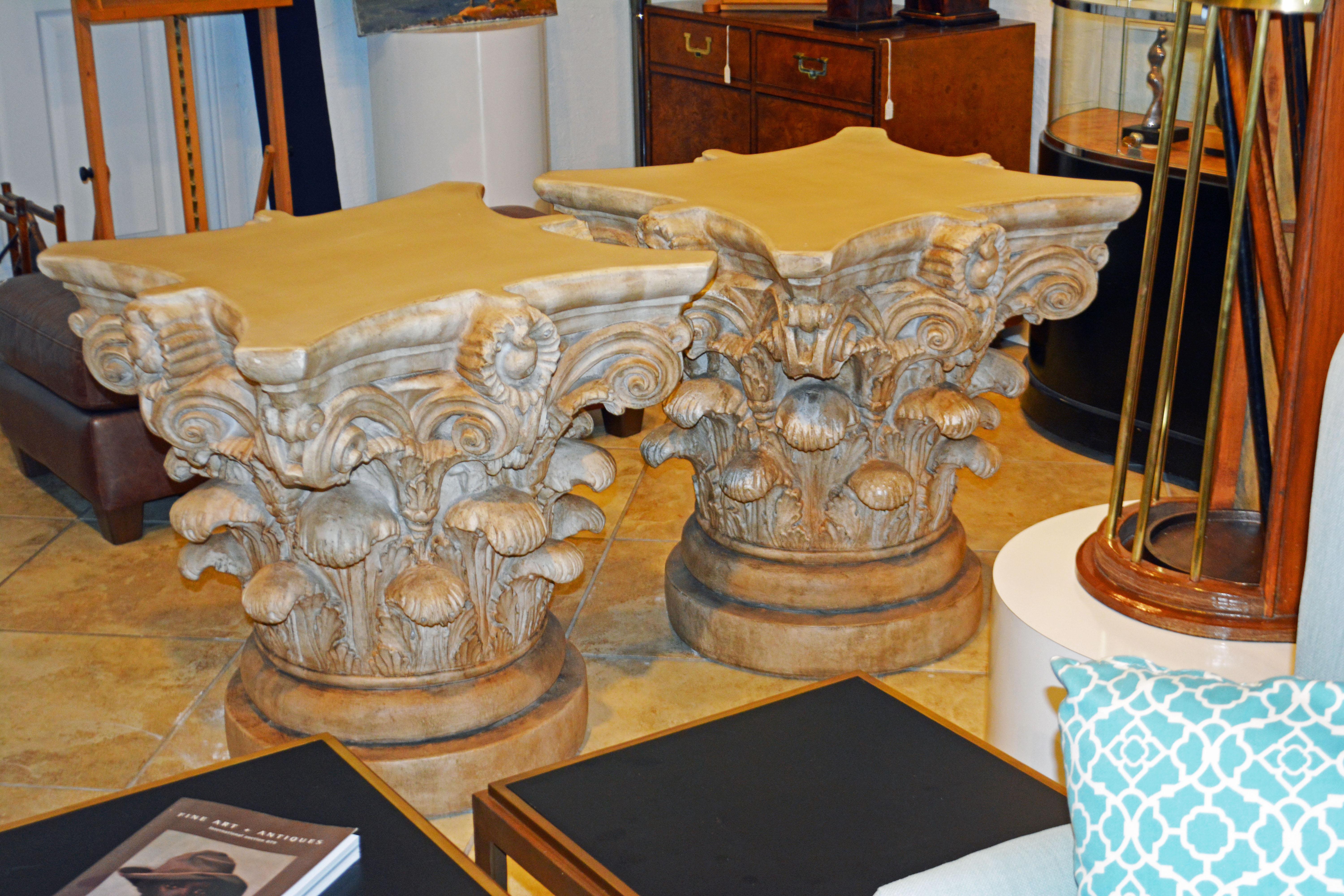 These magnificent life-size Corinthian capitals are beautifully detailed in plaster and patinated for an attractive look. The capitals likely date to the 1930s and will make impressive table bases as well as decorative sculptures. Do to the photo