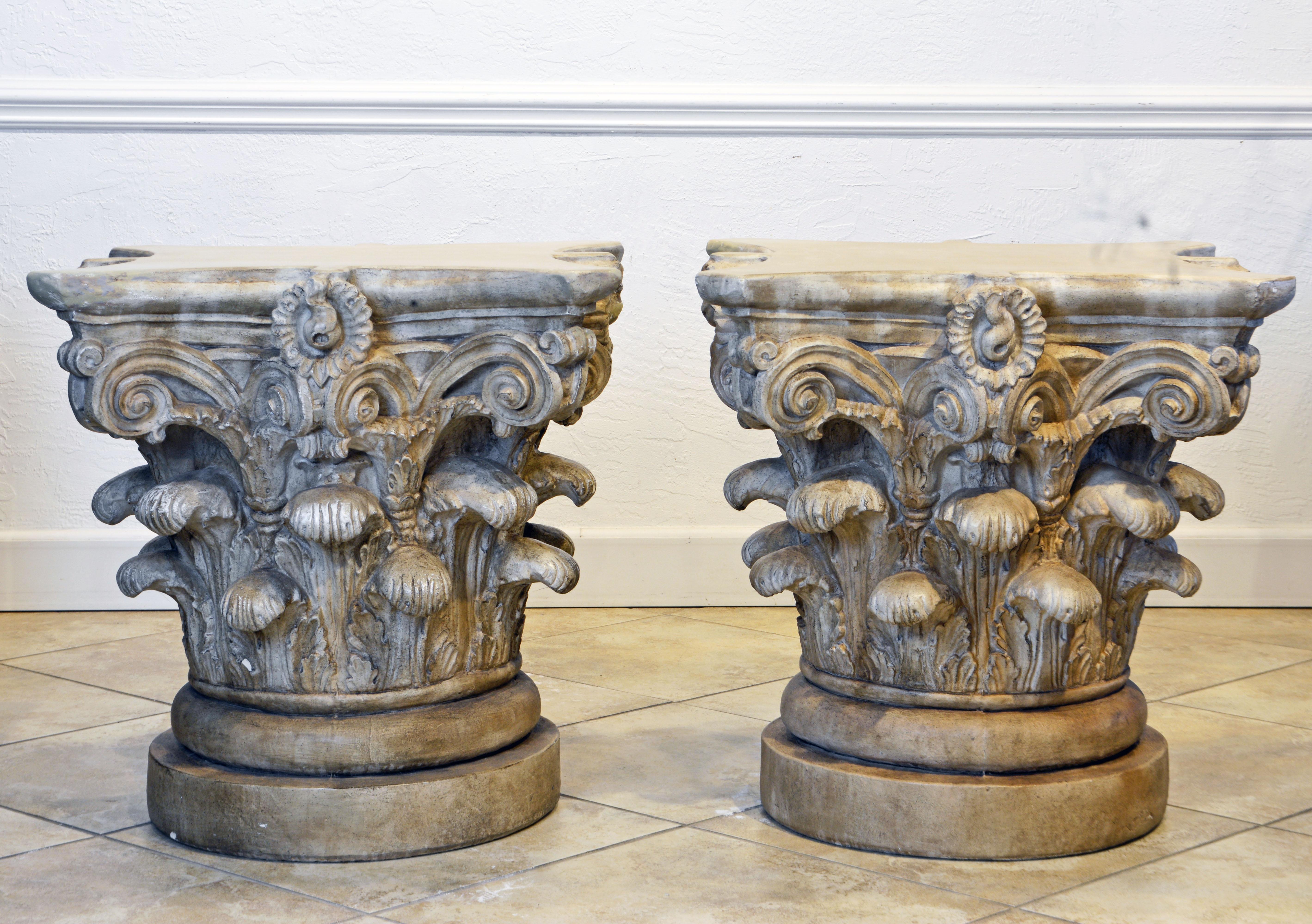 Patinated Pair of Corinthian Plaster Capitals after The Antique, Table Bases or Sculptures