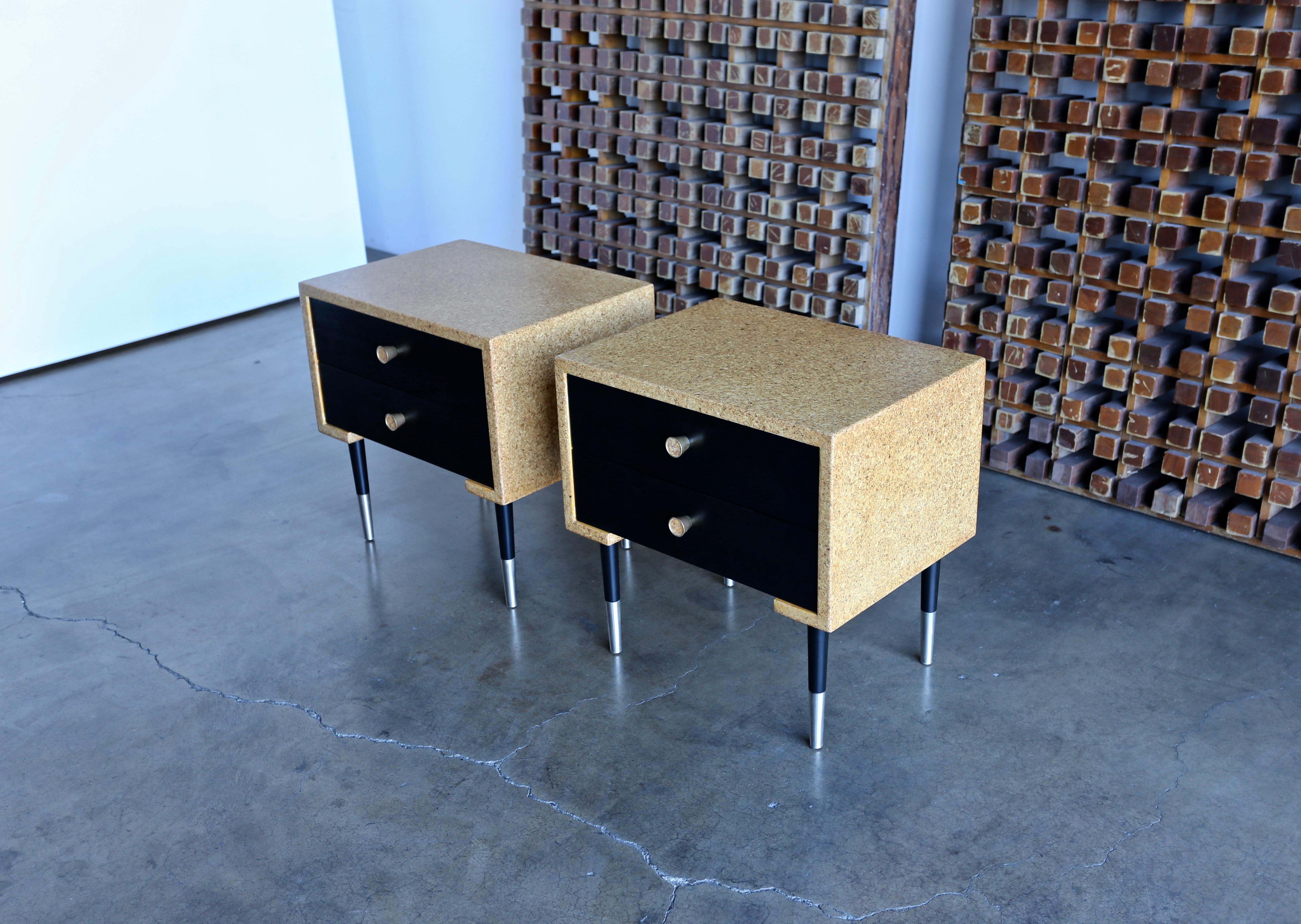 Mid-Century Modern Pair of Cork Nightstands by Paul Frankl for Johnson Furniture Co, circa 1950