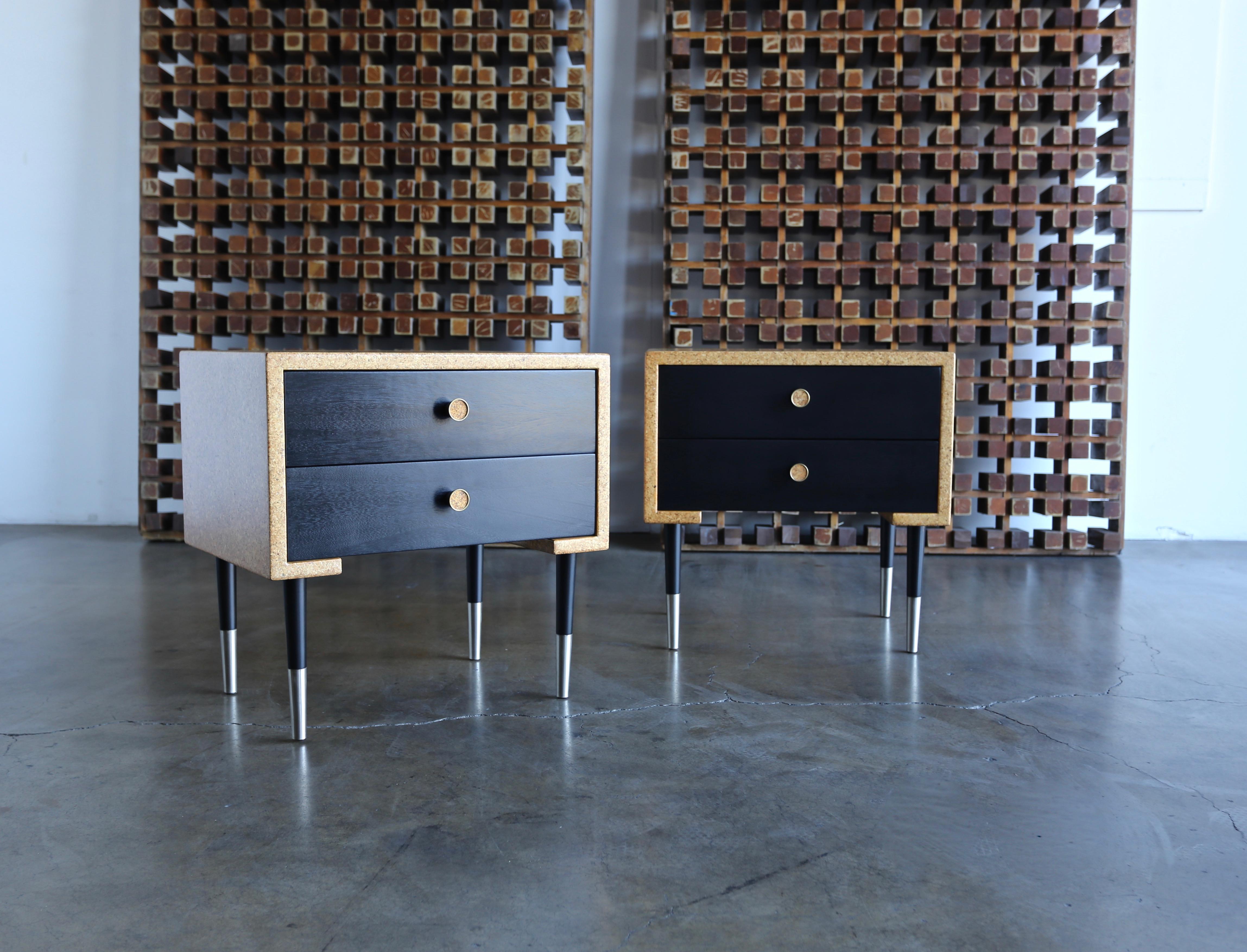Ebonized Pair of Cork Nightstands by Paul Frankl for Johnson Furniture Co, circa 1950