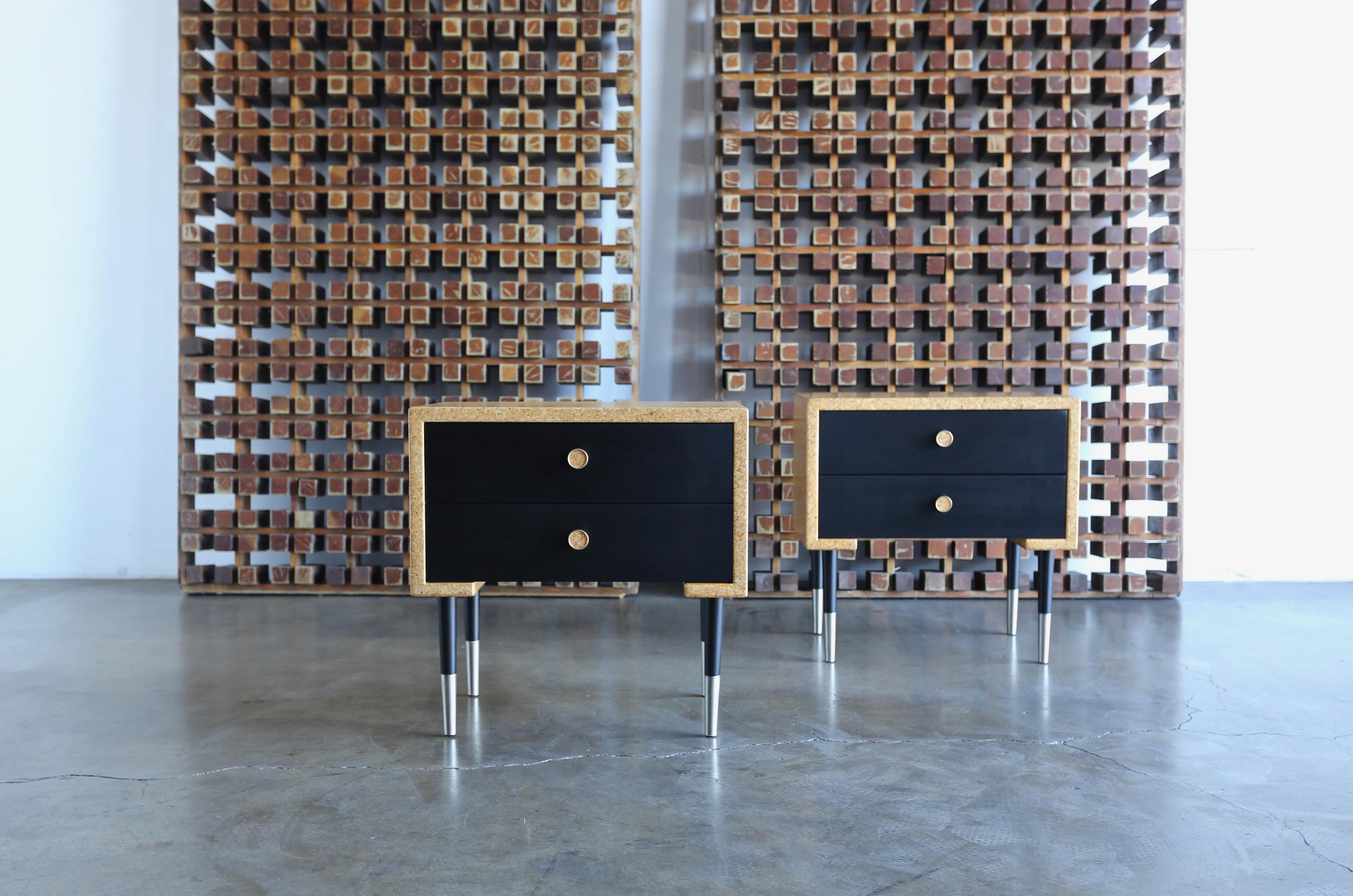 Brass Pair of Cork Nightstands by Paul Frankl for Johnson Furniture Co, circa 1950