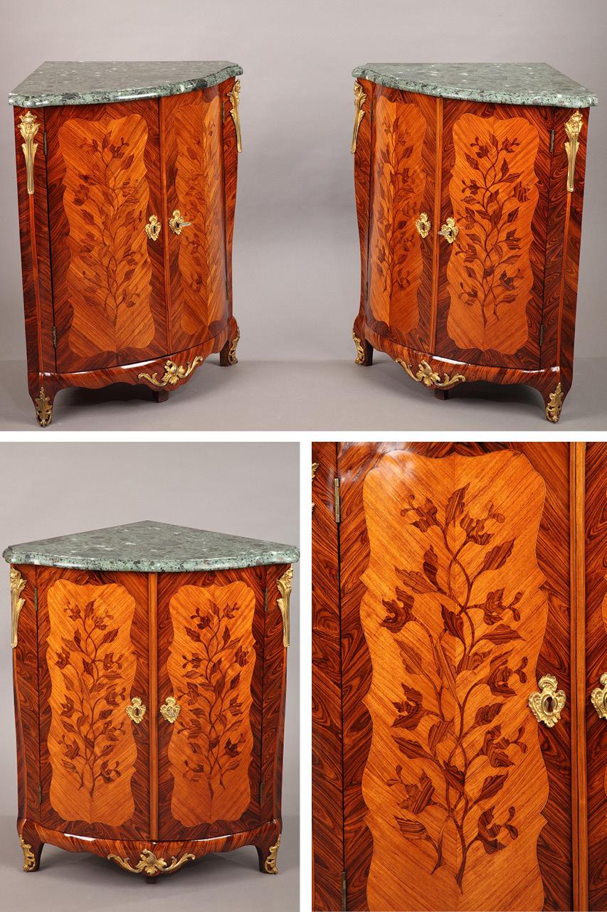 Pair of Louis XV period corner cabinets featuring cross sections of wood on a rosewood background, surrounded by kingwood framing. Each cabinet opens with two front doors, revealing three shelves. Beautiful sculpted, gilt bronze ornamentation of