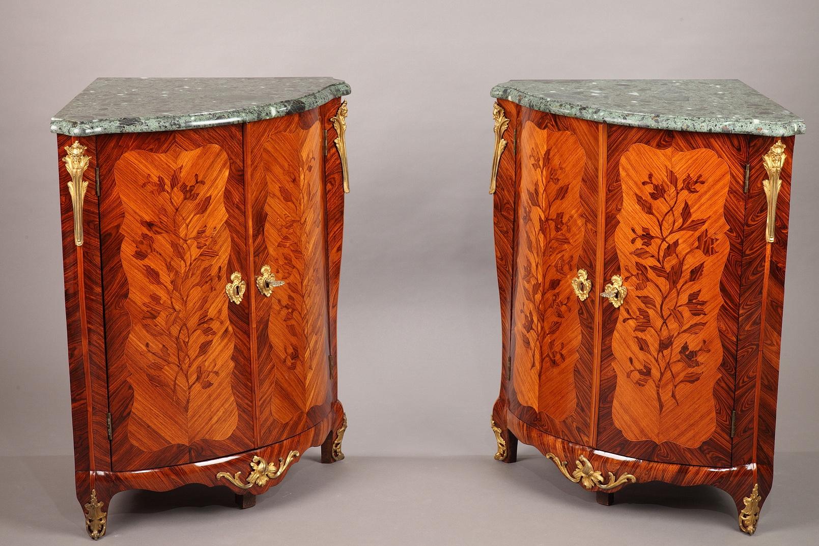 French Pair of Corner Cabinets with Flower Marquetry--Louis XV Period For Sale