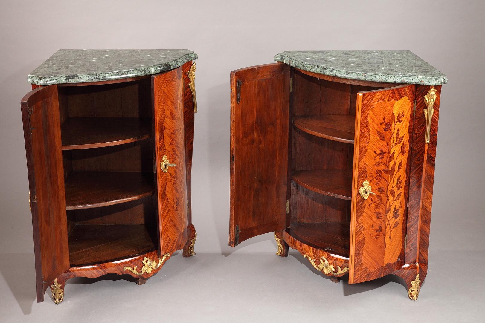 18th Century and Earlier Pair of Corner Cabinets with Flower Marquetry--Louis XV Period For Sale