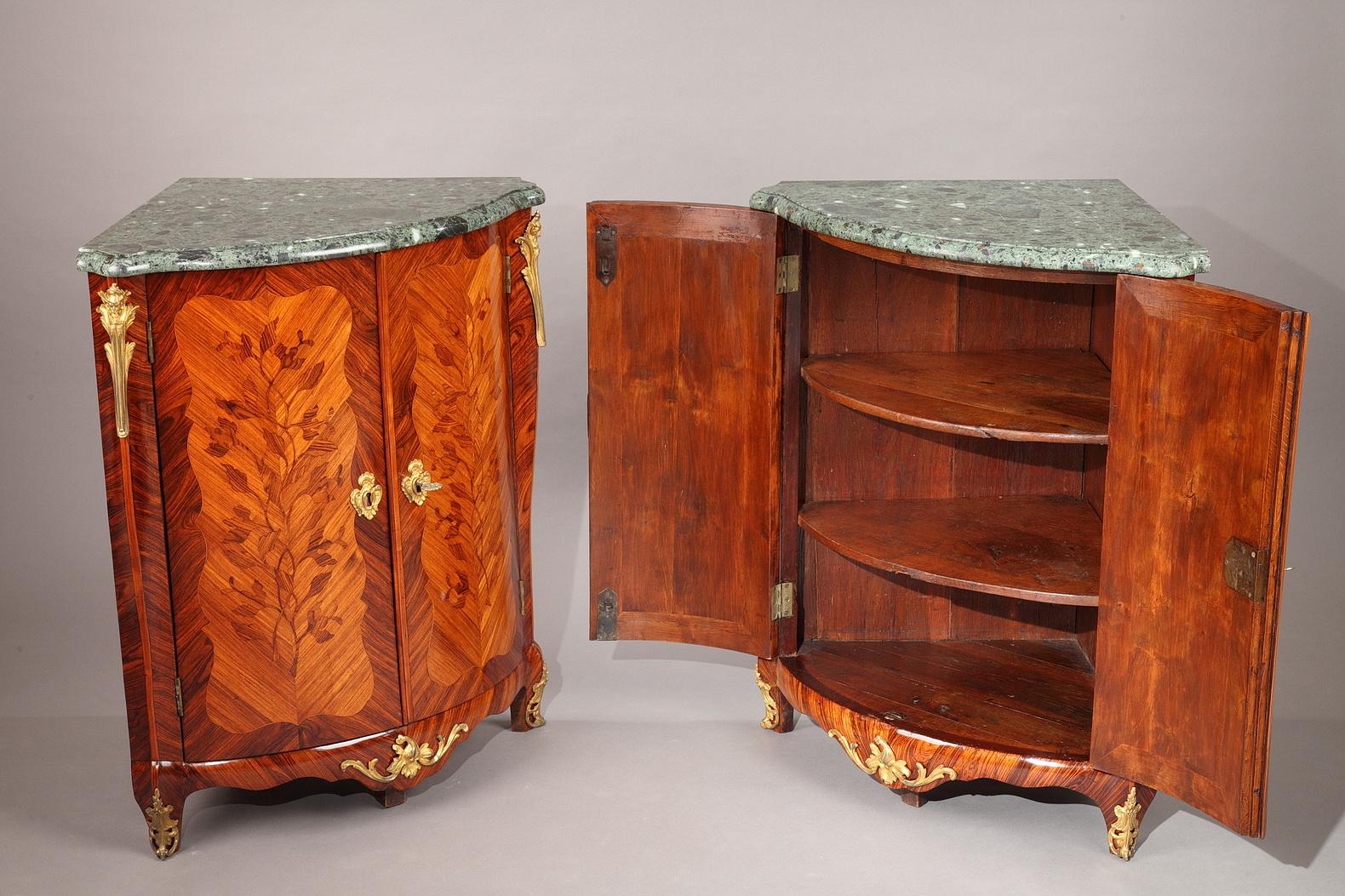 Bronze Pair of Corner Cabinets with Flower Marquetry--Louis XV Period For Sale