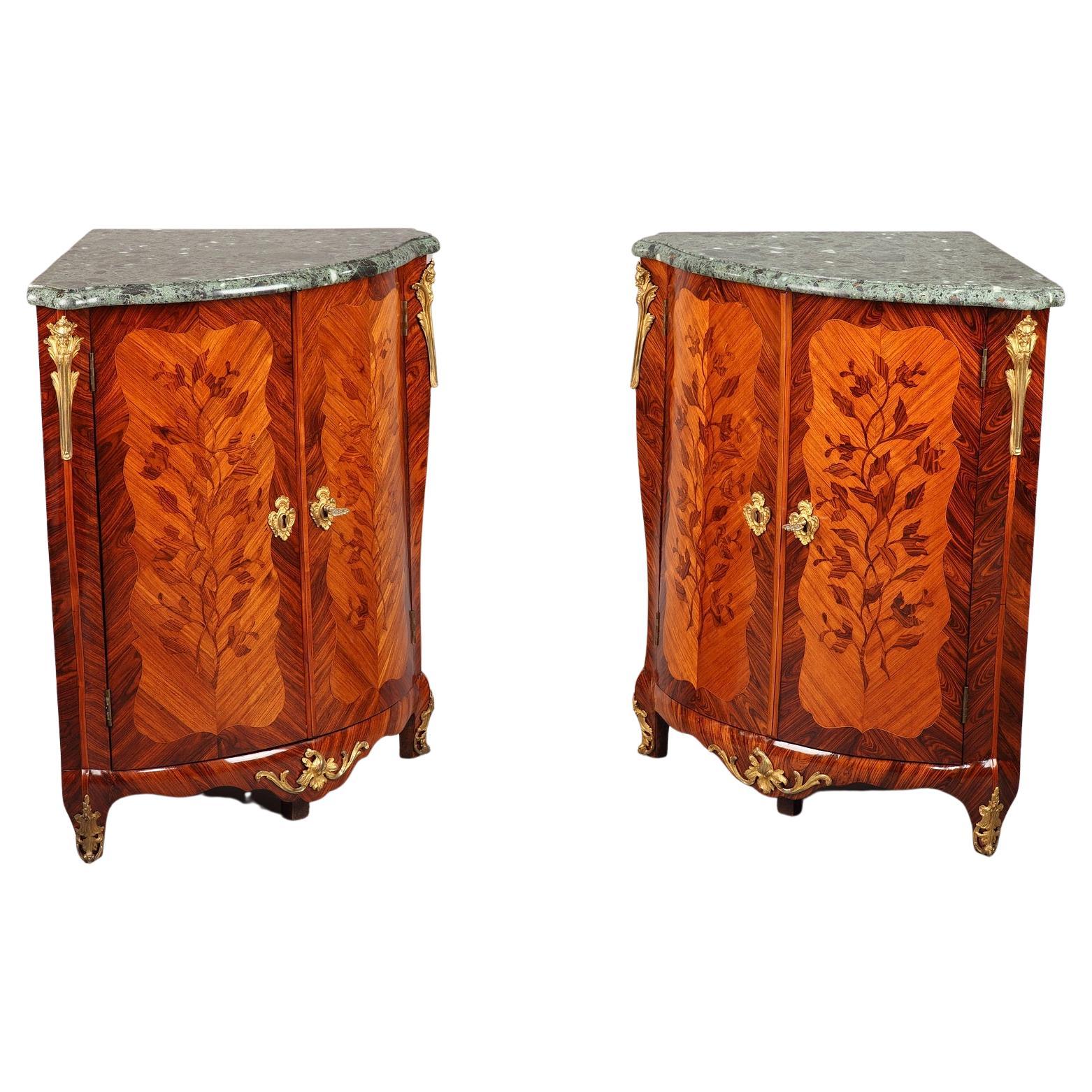 Pair of Corner Cabinets with Flower Marquetry--Louis XV Period For Sale