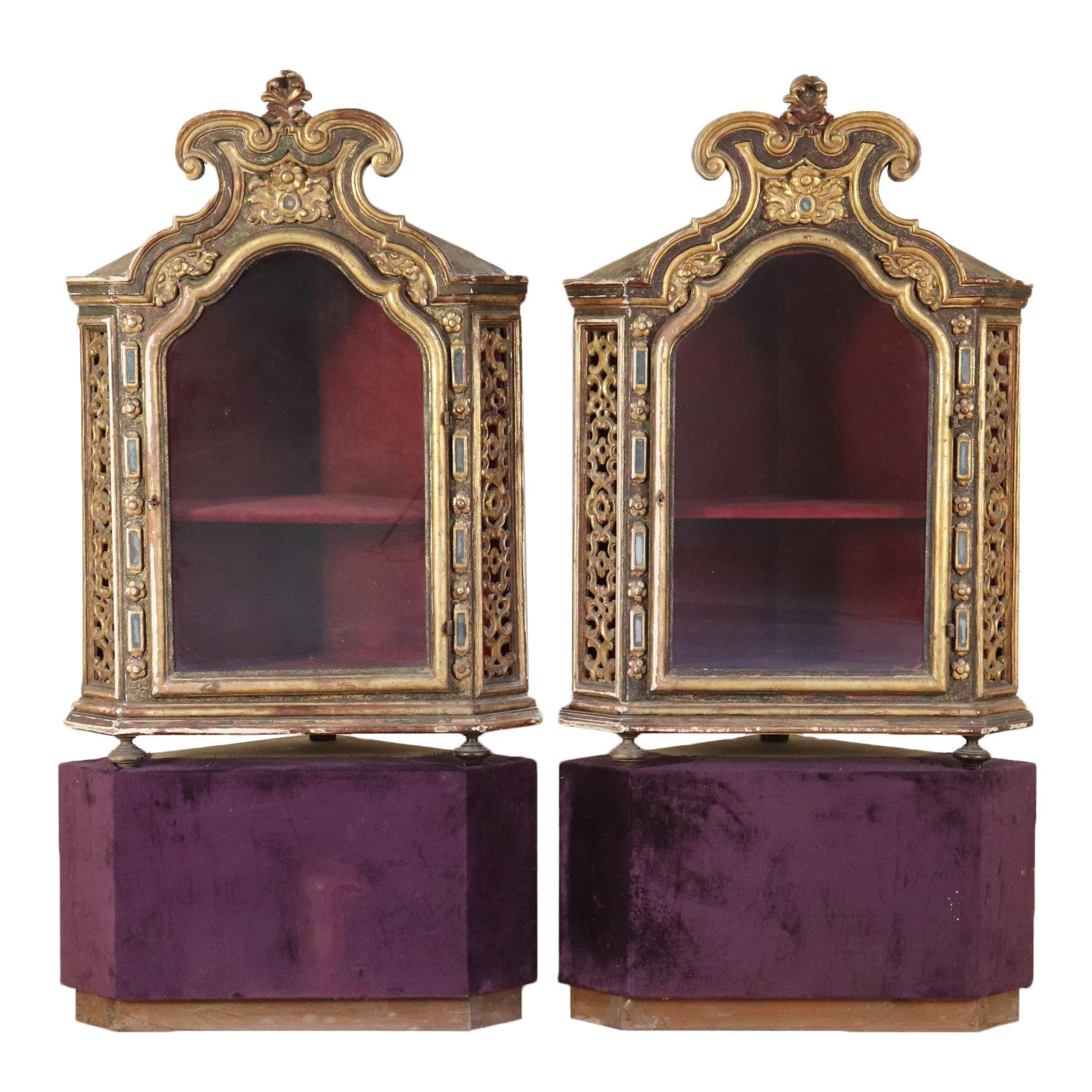 Pair of Corner Glass Cabinets Wood, Italy, Late 1700s