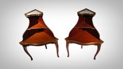 Pair Of Corner Side Tables With Openwork Railing And Marble Top