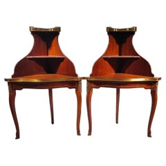Pair Of Corner Side Tables With Openwork Railing And Marble Top