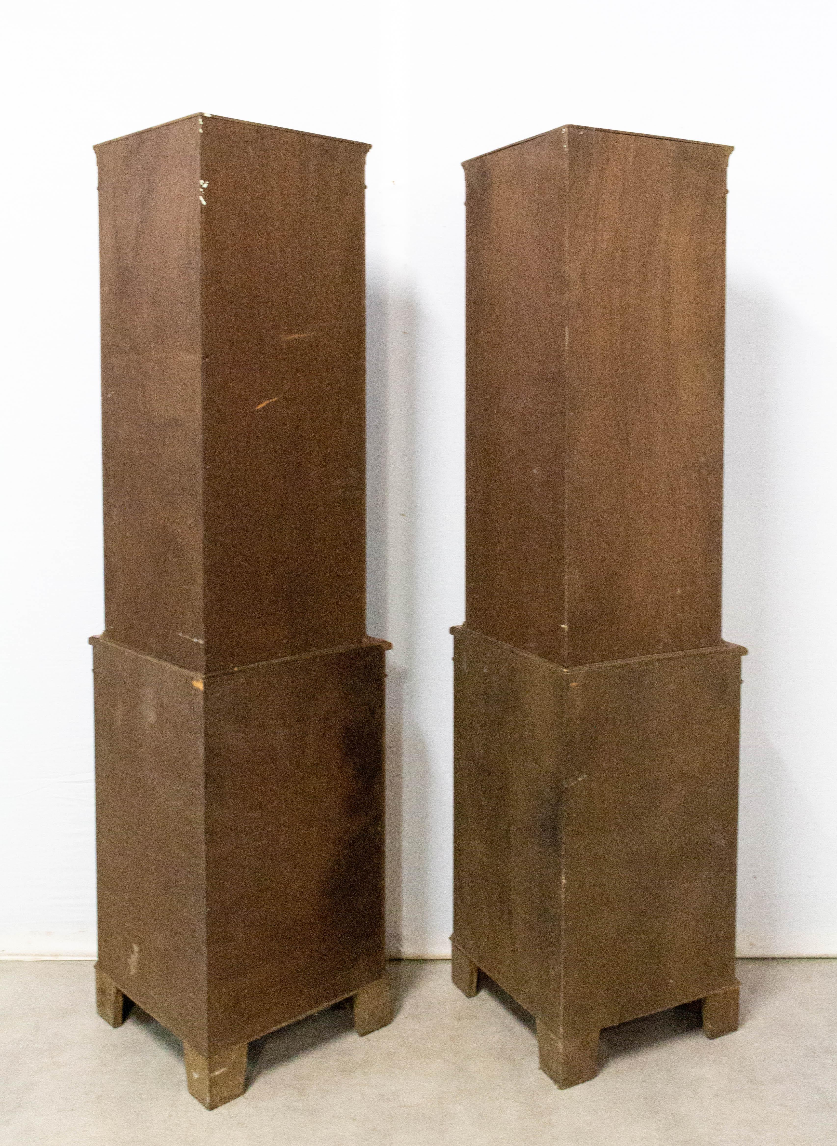 Glass Pair of Corner Vitrines French Midcentury Yew Wood Showcase Cabinets For Sale