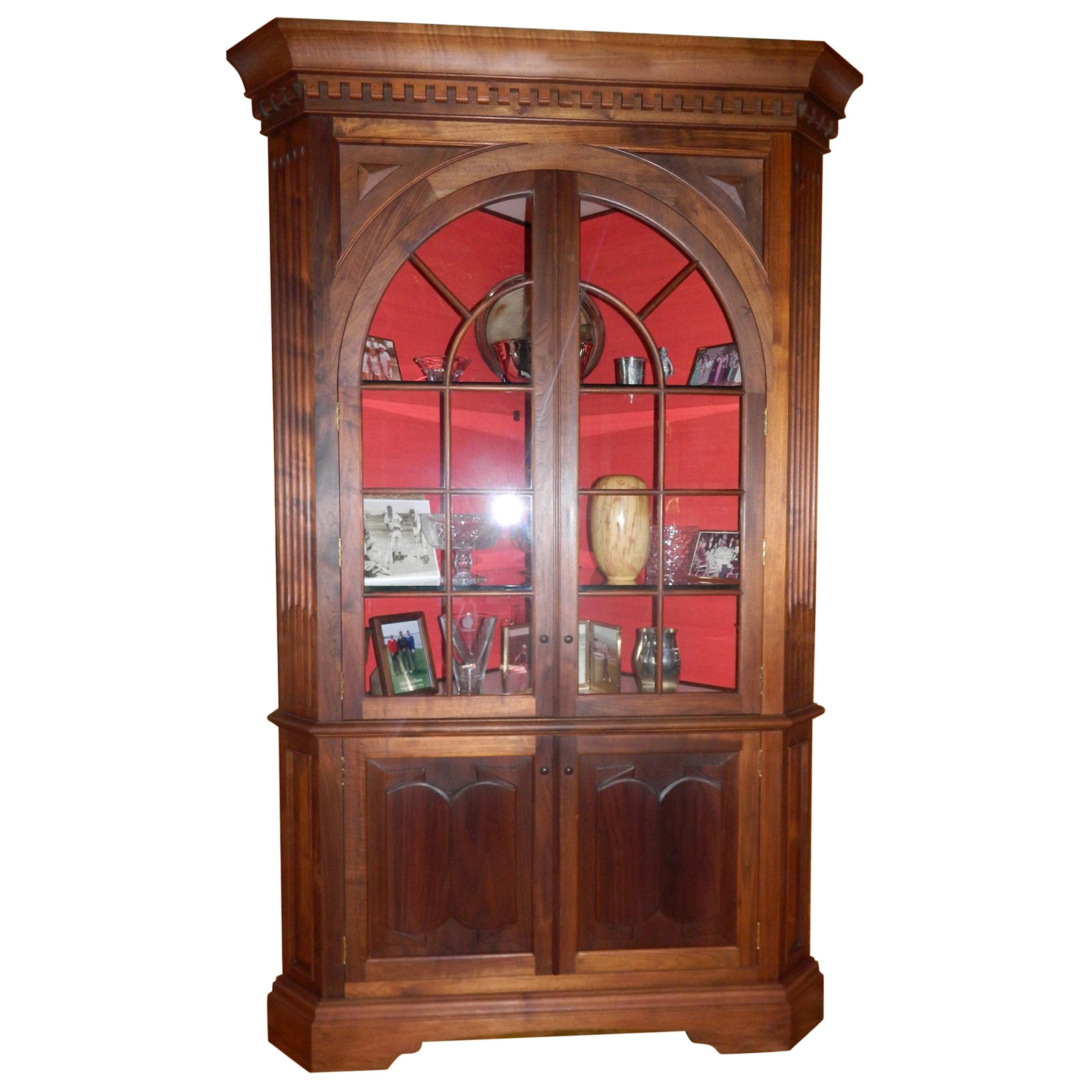 Pair of Corner Walnut Cabinets or Bookcases, Mid-20th Century