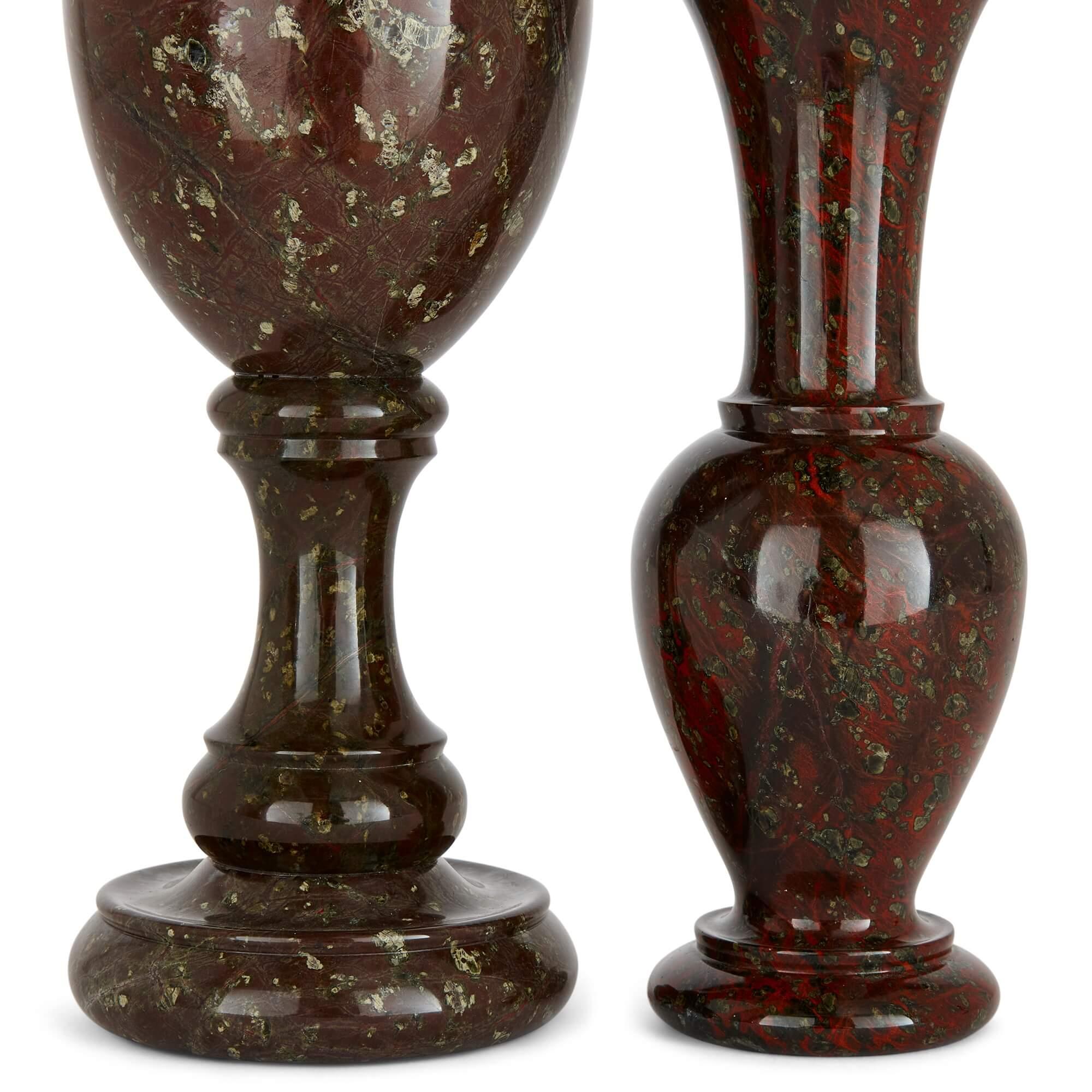 20th Century Pair of Cornish Serpentine Urn-Shaped Mineral Vases For Sale